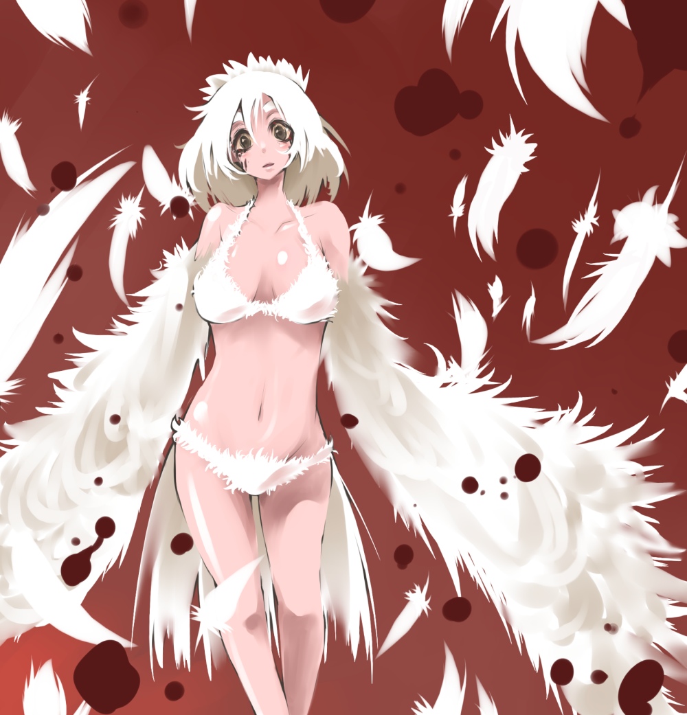 yabai, futaba channel, nijiura, nijiura maids, 1girl, bikini, blood, feathers, female focus, harpy, monster girl, solo, swimsuit, winged arms, wings