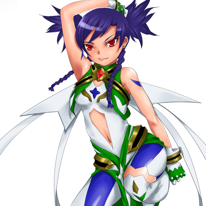 rokuichi, nina wang, my-otome, 00s, 1girl, arm up, armpits, bare shoulders, bodysuit, braid, center opening, contrapposto, cowboy shot, female focus, gloves, looking at viewer, navel, purple hair, red eyes, short hair with long locks, simple background, solo, spiked hair, standing, stomach, twin braids, twintails, white background, white gloves