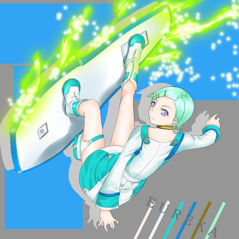 rokuichi, eureka (eureka seven), eureka seven, eureka seven (series), 00s, 1girl, ankle boots, aqua hair, boots, character name, dress, female focus, floating, from behind, full body, green hair, long hair, looking at viewer, looking back, outstretched arms, purple eyes, riding, solo, white boots, white dress
