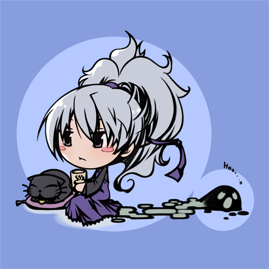 mao (darker than black), yin (darker than black), darker than black, 00s, 1girl, bell, black cat, blush stickers, cat, chibi, cup, dress, female focus, grey hair, hair ribbon, long sleeves, ponytail, purple dress, purple ribbon, ribbon, water