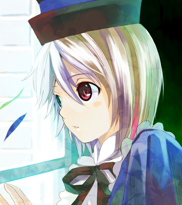 kabocha, kabocha (monkey4), souseiseki, rozen maiden, 00s, 1girl, brown hair, female focus, frills, from side, green eyes, heterochromia, looking outside, neck ribbon, red eyes, ribbon, short hair, solo