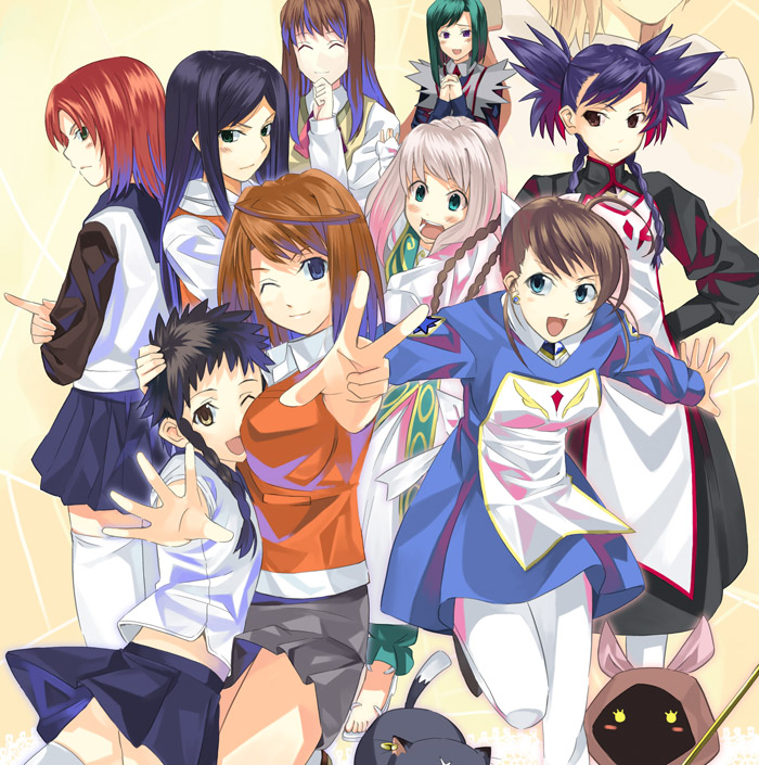 kabocha, kabocha (monkey4), arika yumemiya, fujino shizuru, kuga natsuki, mashiro blan de windbloom, minagi mikoto, nina wang, tokiha mai, tomoe marguerite, yuuki nao, my-hime, my-otome, duplicate, 00s, 6+girls, ;d, ^ ^, ahoge, between breasts, black shirt, black skirt, blue dress, blue eyes, blue hair, blush, braid, breasts, brown eyes, brown hair, closed eyes, closed mouth, collared shirt, dress, everyone, expressionless, foreshortening, fuuka academy school uniform, giggling, gradient hair, green eyes, green hair, hands on own hips, head out of frame, hug, index finger raised, large breasts, loincloth, long sleeves, looking at viewer, meister otome uniform, multicolored hair, multiple girls, one eye closed, open mouth, orange vest, outstretched arms, own hands together, pantyhose, pink hair, pleated skirt, ponytail, purple eyes, red eyes, robe, round teeth, school uniform, shirt, short hair, single braid, skirt, smile, spiked hair, spread fingers, standing, surprised, sweater vest, teeth, thighhighs, twintails, vest, white hair, zettai ryouiki