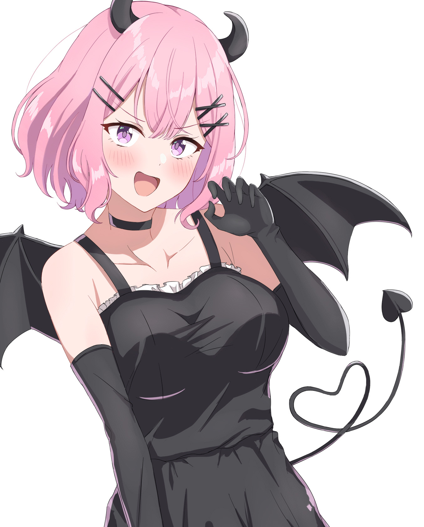 rakotako8, amaori renako, watashi ga koibito ni nareru wake naijan murimuri!, highres, 1girl, black dress, black gloves, blush, breasts, demon girl, demon horns, demon tail, demon wings, dress, elbow gloves, fake horns, fake tail, fake wings, gloves, hair ornament, hairclip, horns, large breasts, looking at viewer, open mouth, pink hair, purple eyes, short hair, simple background, smile, solo, tail, white background, wings