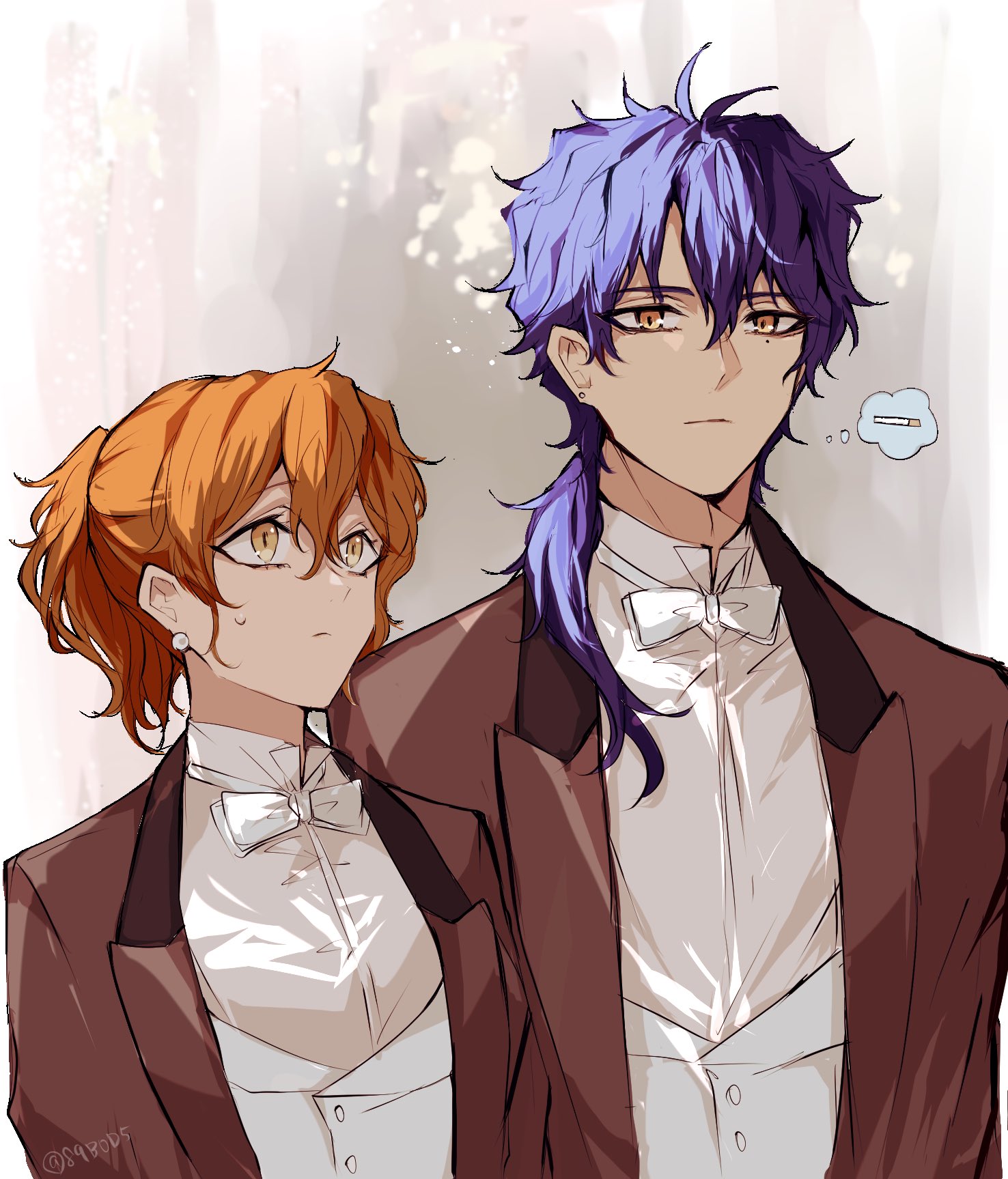 sodamachi, miranda lotto, tyki mikk, d.gray-man, highres, 1boy, 1girl, abstract background, antenna hair, bow, bowtie, brown suit, cigarette, dress shirt, earrings, formal clothes, grey background, hair between eyes, hair over shoulder, high ponytail, jewelry, long hair, looking ahead, looking at another, looking at viewer, low ponytail, mature female, mature male, messy hair, mole, mole under eye, noah (d.gray-man), orange hair, ponytail, purple hair, shirt, sidelocks, signature, speech bubble, stud earrings, suit, sweat, sweatdrop, thought bubble, twitter username, vest, wavy hair, white background, white bow, white bowtie, white shirt, white vest, yellow eyes