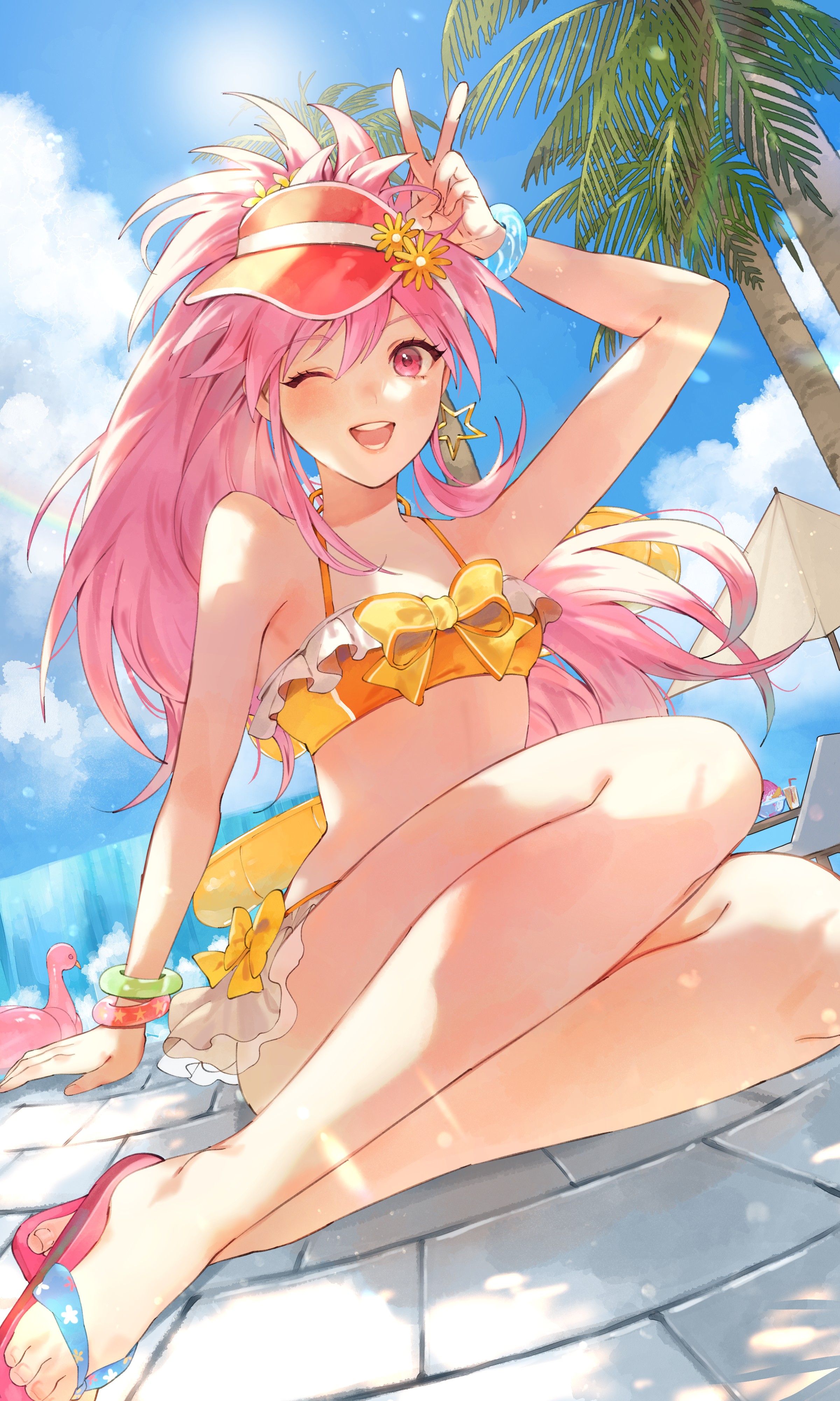 wawatiku, arche klein, tales of (series), tales of asteria, tales of phantasia, absurdres, commission, highres, 1girl, arche klein (summer), arm up, bikini, blue sky, bow, bowtie, bracelet, drink, earrings, feet, floral print, flower ornament, food, frilled bikini, frills, front-tie bikini top, front-tie top, hand on floor, inflatable flamingo, jewelry, long hair, looking at viewer, multicolored bikini, ocean, official alternate costume, one eye closed, open mouth, orange bikini, palm tree, pink eyes, pink hair, pink sandals, ponytail, red visor, sandals, shaved ice, sitting, sky, smile, solo, star (symbol), star earrings, star print, sun, swimsuit, tree, two-tone bikini, v, visor cap, water slide, wide ponytail, yellow bikini, yellow bow, yellow bowtie, yokozuwari