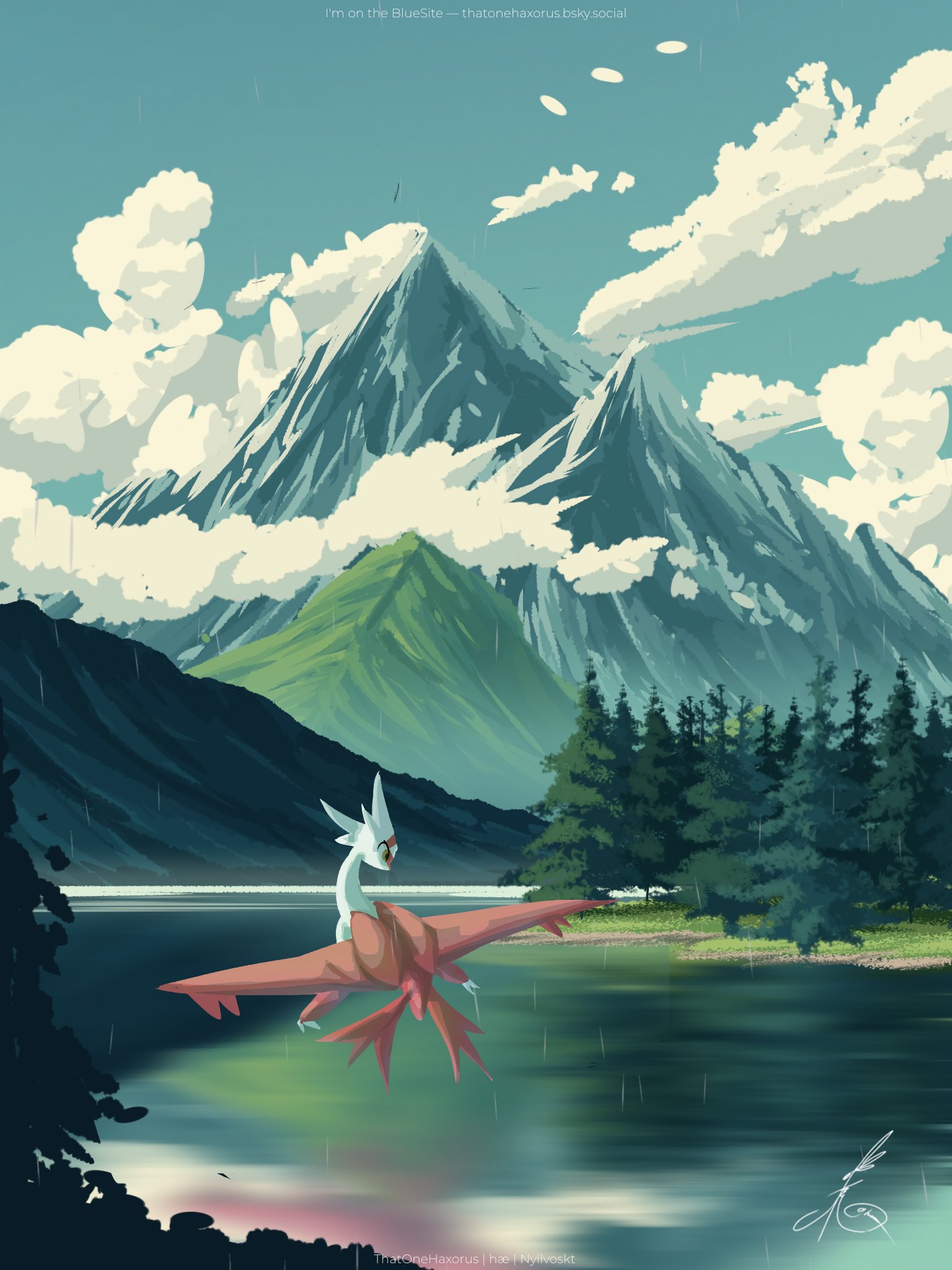 thatonehaxorus, latias, nintendo, pokemon, highres, claws, cloud, day, dragon, flying, forest, full body, gen 3 pokemon, lake, legendary pokemon, mountain, mountainous horizon, nature, no humans, outdoors, pokemon (creature), pokemon focus, sky, tree, water, wings, yellow eyes
