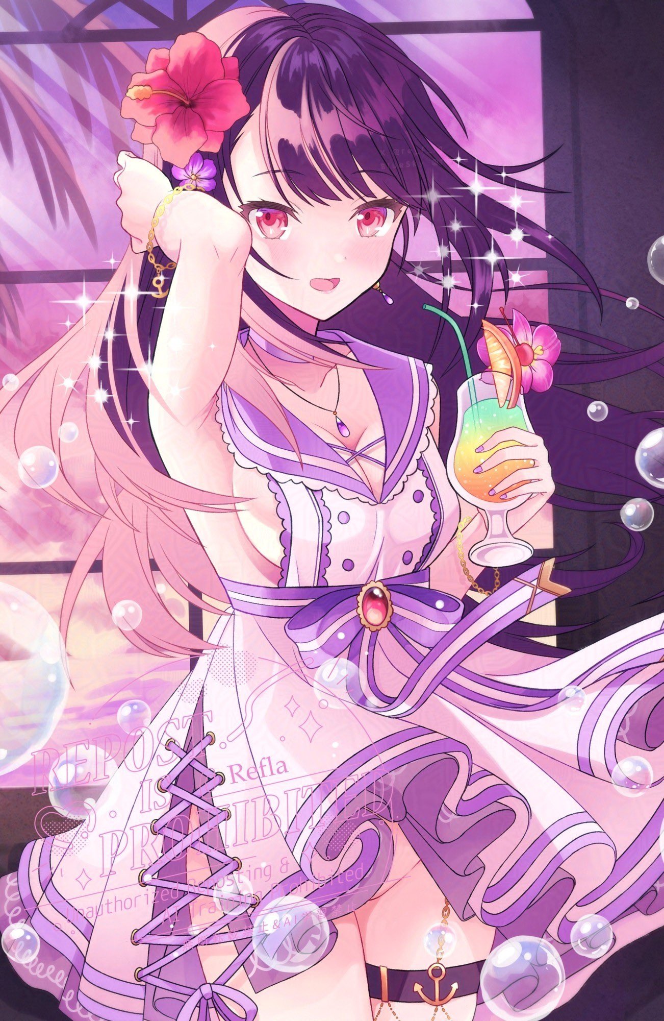original, highres, 1girl, arm up, armpits, blush, breasts, cleavage, collarbone, cup, dress, drinking straw, flower, glass, hair flower, hair ornament, holding, holding cup, jewelry, large pectorals, long hair, looking at viewer, necklace, open mouth, pectorals, pink eyes, purple dress, purple eyes, purple hair, re f la, red eyes, sleeveless, sleeveless dress, smile, solo, thigh strap, tropical drink, white dress