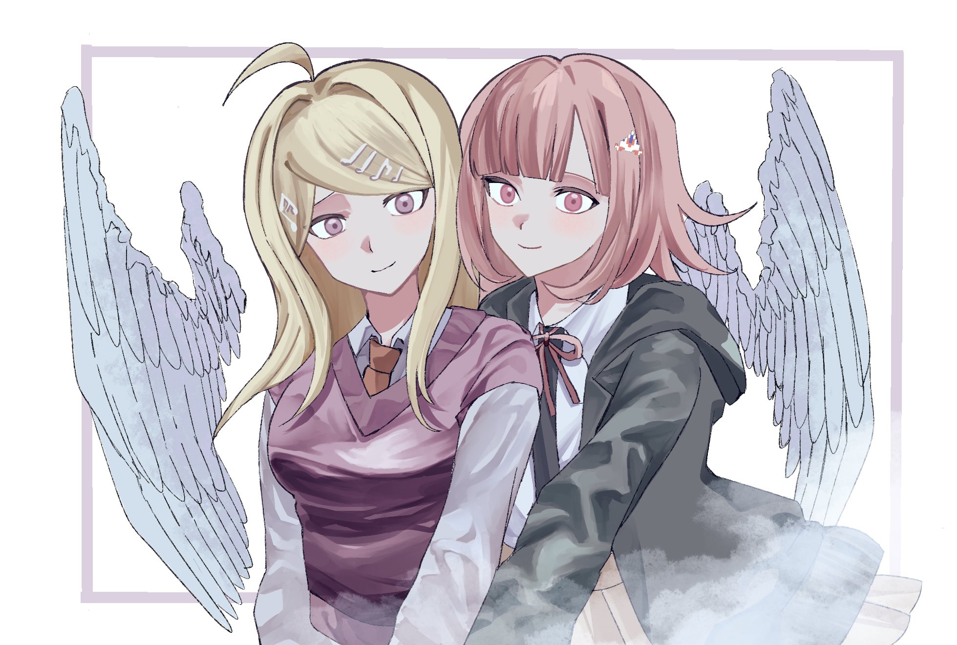 a-ru (r dngn), akamatsu kaede, nanami chiaki, danganronpa (series), danganronpa 2: goodbye despair, danganronpa v3: killing harmony, highres, 2girls, black jacket, black shirt, blonde hair, brown hair, fortissimo, hair ornament, jacket, long hair, long sleeves, medium hair, multiple girls, musical note, musical note hair ornament, open clothes, open jacket, pink eyes, pink sweater vest, shirt, smile, sweater vest, two-tone shirt, white background, white shirt, wings