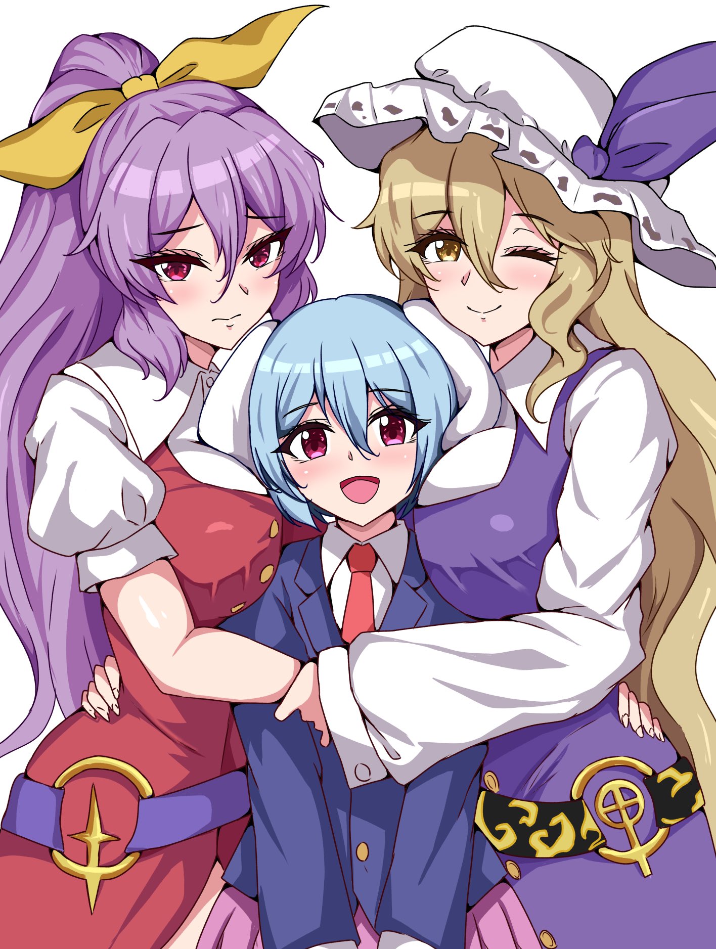 s watatsuki n, reisen (touhou bougetsushou), watatsuki no toyohime, watatsuki no yorihime, touhou, highres, 3girls, animal ears, between breasts, blonde hair, blue hair, blue jacket, blush, breasts, closed mouth, collared shirt, dress, embarrassed, group hug, hair between eyes, hand on another's back, hat, height difference, high ponytail, holding another's wrist, hug, jacket, large breasts, long hair, long sleeves, looking at viewer, medium hair, mob cap, multiple girls, necktie, one eye closed, open mouth, pink skirt, ponytail, purple dress, purple eyes, purple hair, rabbit ears, rabbit girl, red dress, red necktie, ribbon, shirt, short sleeves, skirt, smile, very long hair, white background, white shirt, yellow eyes, yellow ribbon