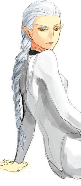 ophelia (claymore), claymore (series), 00s, 1girl, braid, female focus, gloves, looking back, parted lips, pointy ears, sitting, skin tight, solo, white hair, yellow eyes