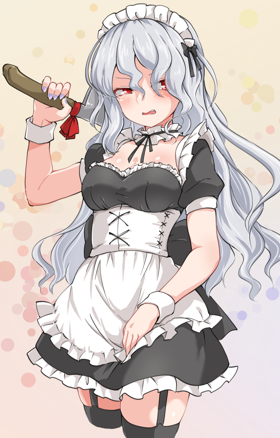 huyusilver, sakata nemuno, touhou, highres, 1girl, alternate costume, annoyed, apron, back bow, black bow, black dress, black thighhighs, blue nails, blush, bow, breasts, cleaver, corset, cropped legs, detached collar, dress, enmaided, fingernails, frilled dress, frills, grey hair, half-closed eyes, hand up, holding, holding knife, knife, long hair, looking at viewer, maid, maid headdress, medium breasts, nose, open mouth, puffy short sleeves, puffy sleeves, red bow, red eyes, romaji commentary, sharp fingernails, short sleeves, solo, teeth, thigh strap, thighhighs, upper teeth only, v-shaped eyebrows, wavy hair, white apron, white corset, wrist cuffs, zettai ryouiki
