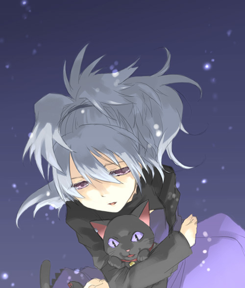 mao (darker than black), yin (darker than black), darker than black, 00s, 1girl, bell, black cat, cat, collar, dress, female focus, grey hair, holding, long sleeves, ponytail, purple dress, purple eyes