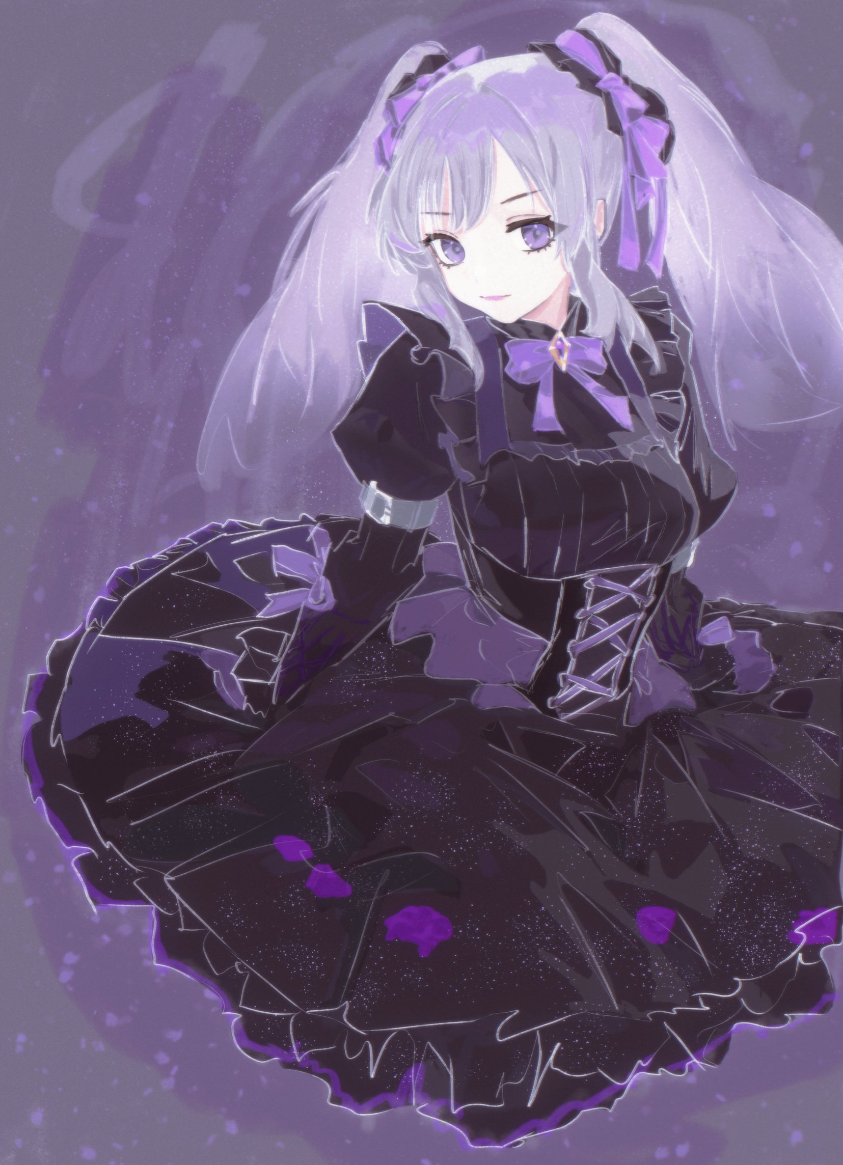 cobwvmeti, yukoku kiriko, idolmaster, idolmaster shiny colors, highres, korean commentary, 1girl, arm belt, black dress, bow, bowtie, breasts, closed mouth, dress, gothic lolita, hair bow, juliet sleeves, lips, lolita fashion, long hair, long sleeves, puffy sleeves, purple bow, purple bowtie, purple eyes, purple hair, solo, twintails