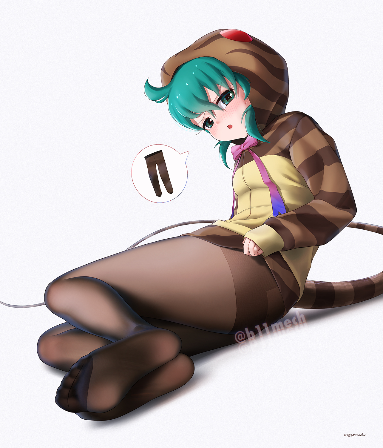 beleven, tsuchinoko (kemono friends), kemono friends, highres, 1girl, :o, black pantyhose, blush, bow, bowtie, dress, green eyes, green hair, hair between eyes, hood, hood up, hoodie, long sleeves, looking at viewer, lying, no shoes, on side, pantyhose, print hoodie, purple bow, purple bowtie, short hair, sidelocks, sitting, snake girl, snake print, snake tail, striped clothes, striped hoodie, sweater, sweater dress, tail, white background, yellow hoodie
