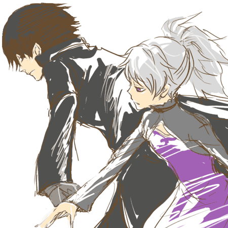 hei (darker than black), yin (darker than black), darker than black, silver hair, lowres, 00s, 1boy, 1girl, brown hair, dress, expressionless, from side, hetero, holding hands, jacket, long sleeves, profile, purple dress, red eyes, running, simple background, upper body, white background