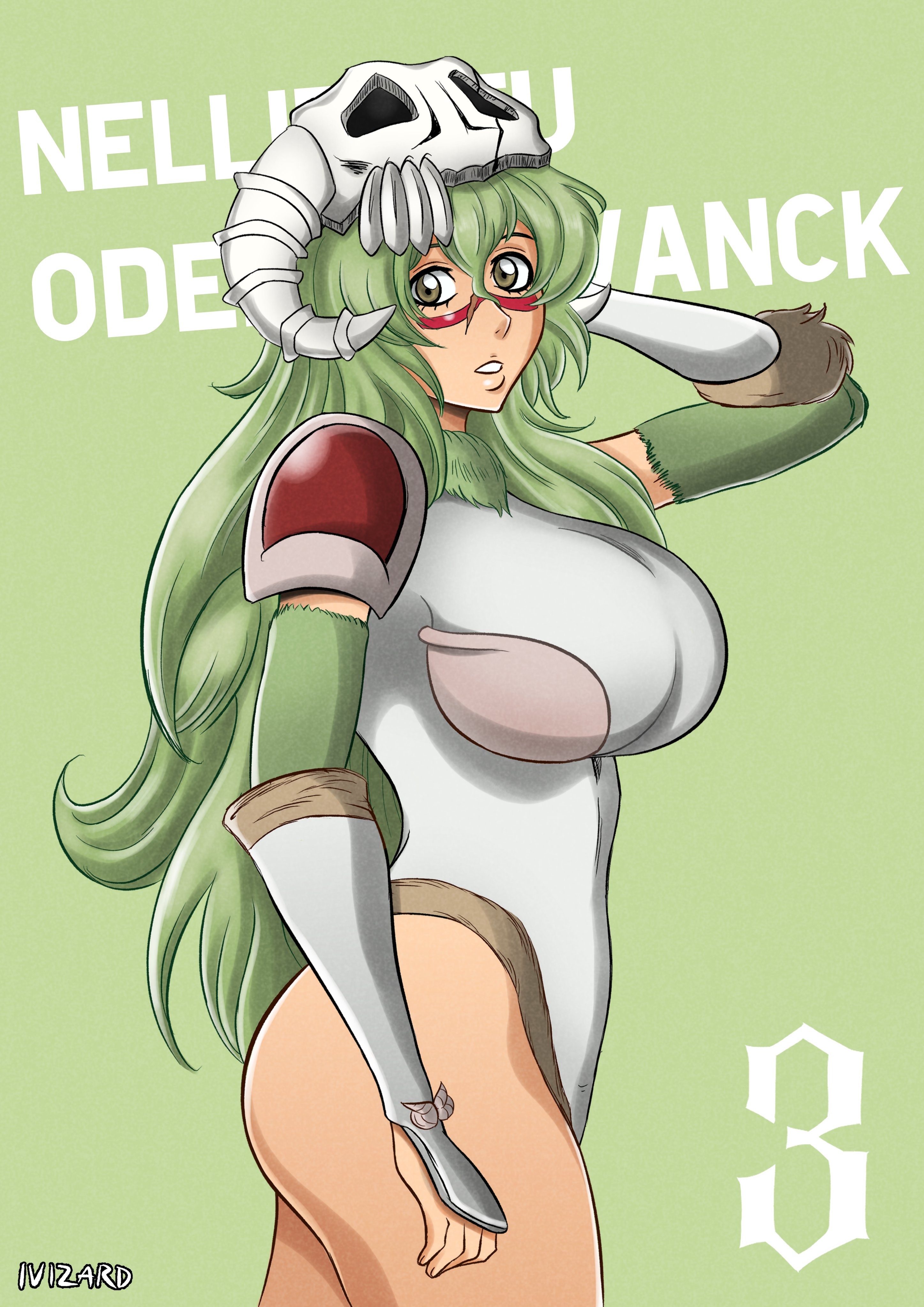 ivizard art93, nelliel tu odelschwanck, bleach, bleach: sennen kessen-hen, 1girl, breasts, green hair, large breasts, leotard, long hair, looking at viewer, solo