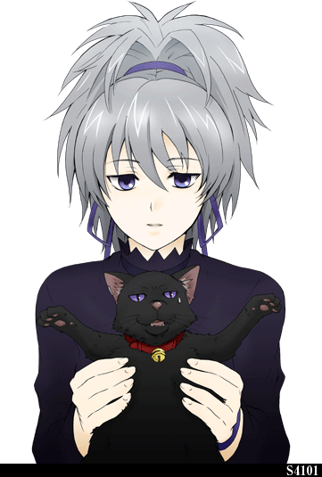 mao (darker than black), yin (darker than black), darker than black, 00s, 1girl, animal, bell, black cat, bracelet, cat, collar, female focus, grey hair, hair ribbon, holding, jewelry, long sleeves, ponytail, purple eyes, purple ribbon, ribbon, simple background, sweatdrop, white background