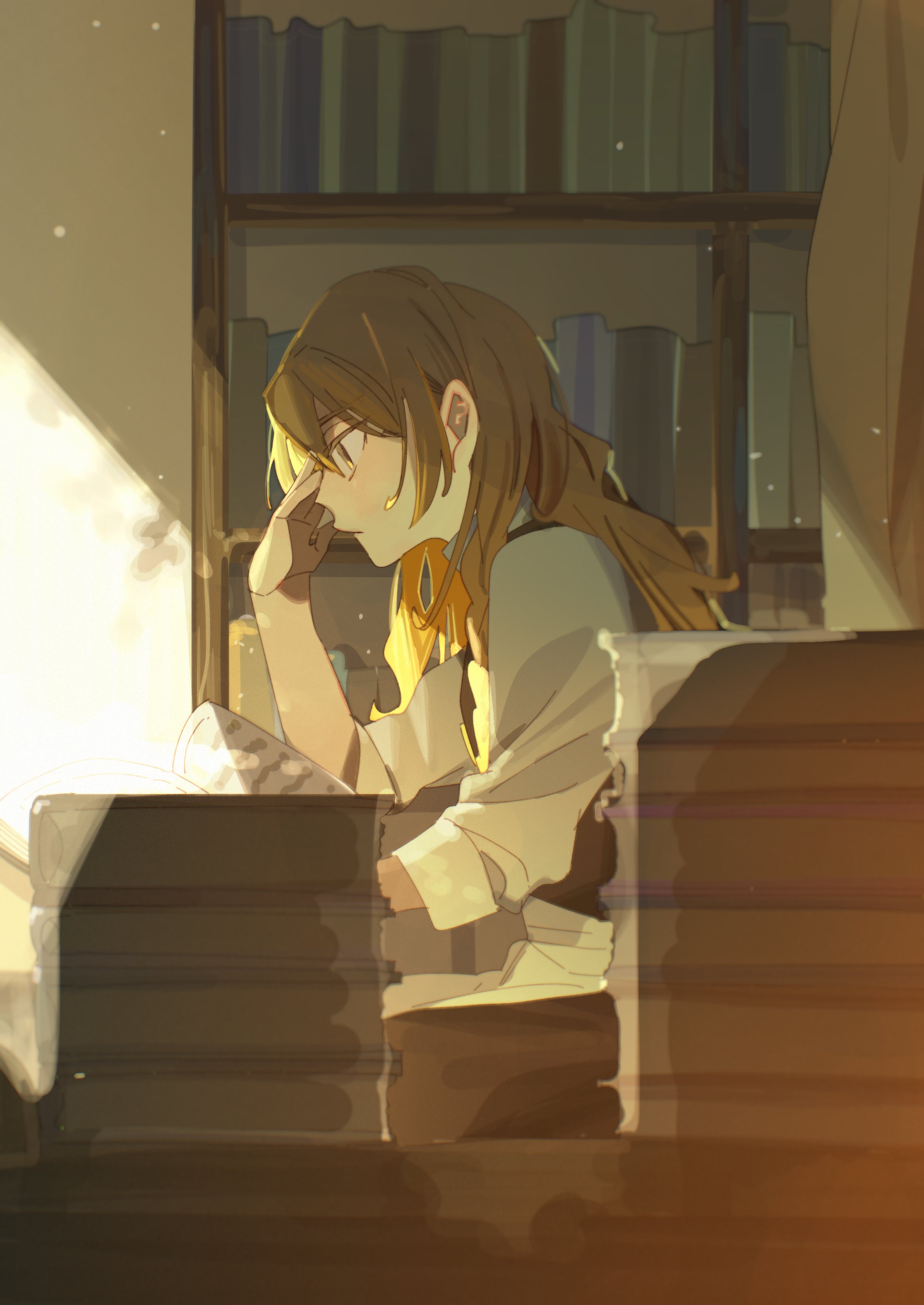 shi chimi, kirisame marisa, touhou, absurdres, highres, 1girl, apron, black skirt, black vest, blonde hair, book, book stack, bookshelf, braid, expressionless, from side, hand on own chest, holding, holding book, indoors, long hair, long sleeves, open book, reading, shirt, sitting, skirt, sleeves rolled up, solo, sunlight, vest, white shirt, yellow eyes
