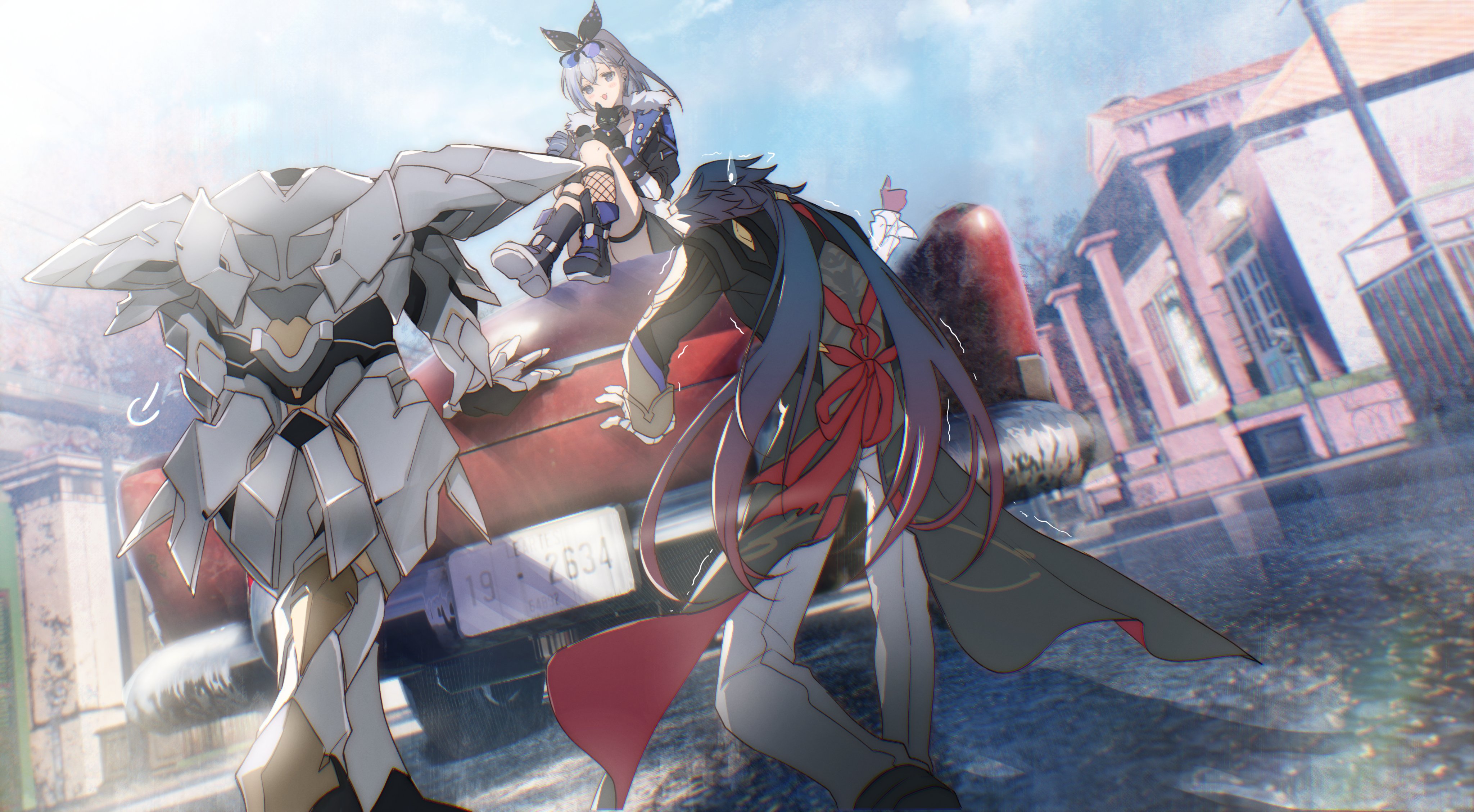 zassyoku dd, blade (honkai: star rail), kafka (honkai: star rail), sam (honkai: star rail), silver wolf (honkai: star rail), honkai: star rail, honkai (series), absurdres, highres, 1boy, 3girls, animal, armor, black boots, black cat, black hair, black jacket, black ribbon, boots, car, cat, eyewear on head, full armor, grey armor, grey eyes, grey hair, grey pants, hair ribbon, jacket, long hair, motor vehicle, multiple girls, pants, ponytail, power armor, pushing, red car, ribbon
