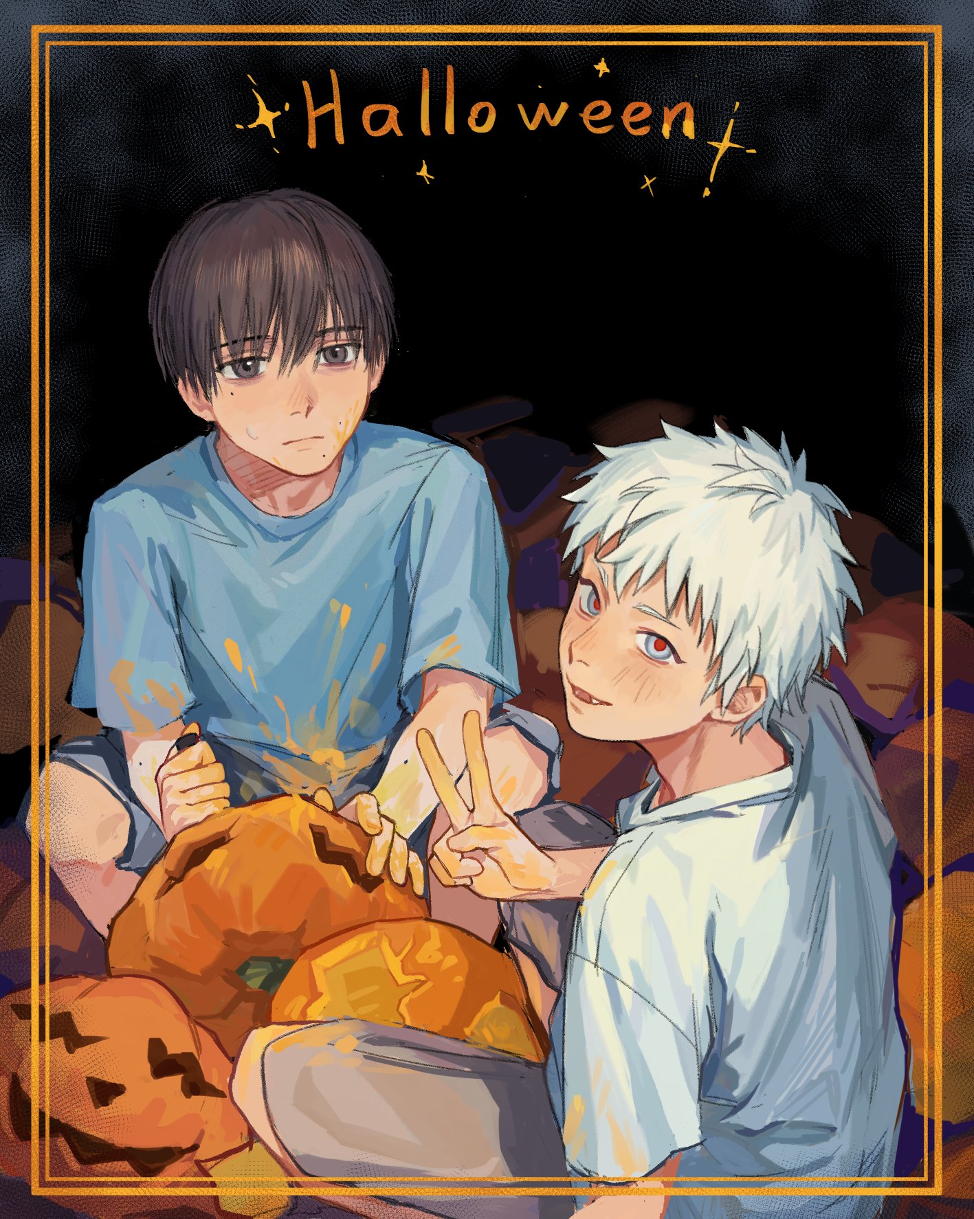 indou hikaru, tsujinaka yoshiki, hikaru ga shinda natsu, hashtag-only commentary, highres, 2boys, alternate costume, black eyes, black hair, blue shirt, blush, border, closed mouth, from above, halloween, looking at viewer, male focus, mole, mole on arm, mole on cheek, mole on neck, mole under eye, mole under mouth, multiple boys, multiple moles, orange border, pumpkin, red pupils, shirt, short hair, shorts, sitting, v, white hair, white shirt, xiaoyehhxx
