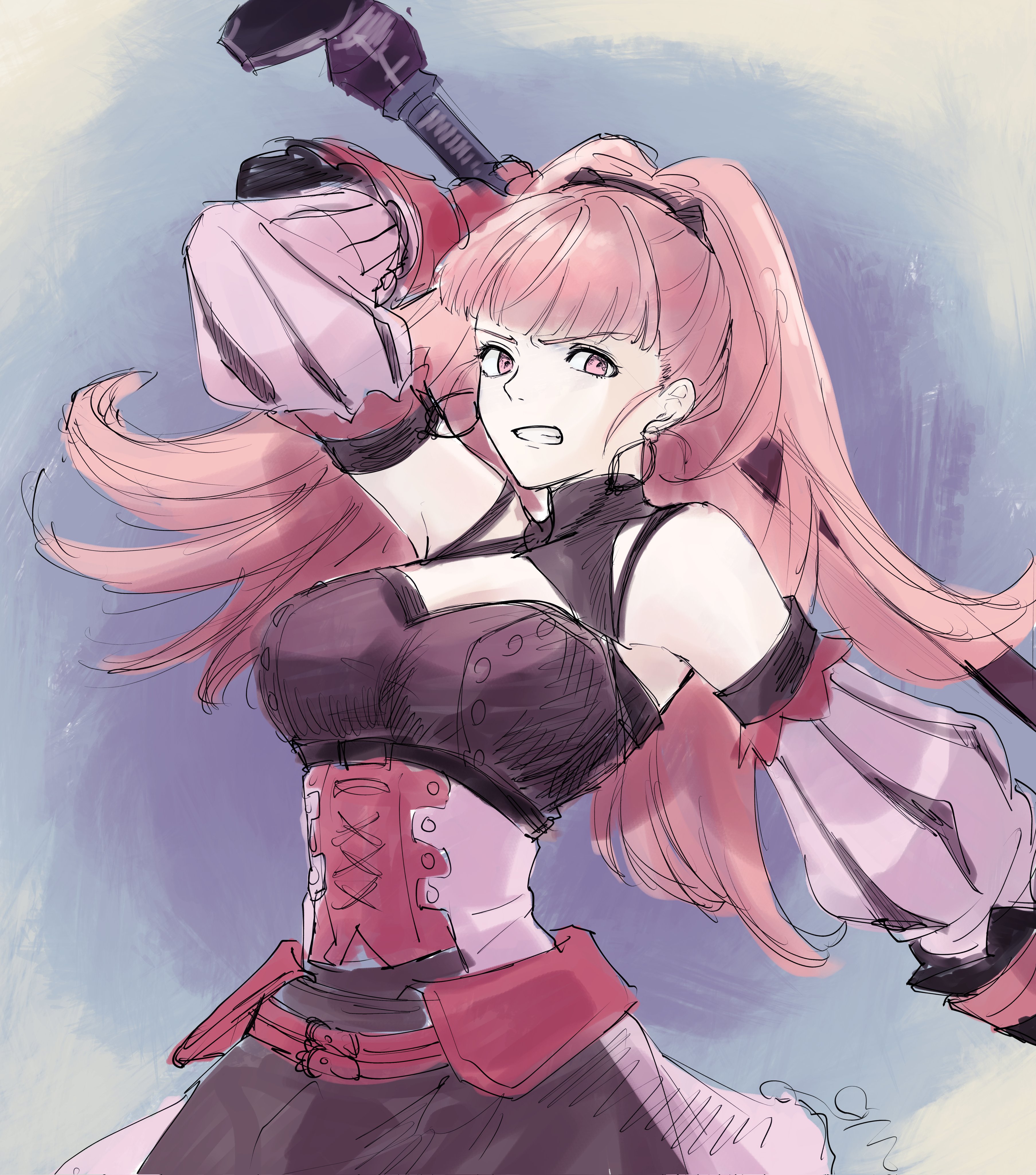 marukubi9595, hilda valentine goneril, hilda valentine goneril (timeskip), fire emblem, fire emblem: three houses, nintendo, absurdres, highres, 1girl, axe, breasts, cleavage, dress, earrings, gloves, holding, holding axe, hoop earrings, jewelry, large breasts, long hair, looking at viewer, open mouth, pink dress, pink eyes, pink hair, ponytail, red gloves, simple background, solo, teeth, upper body