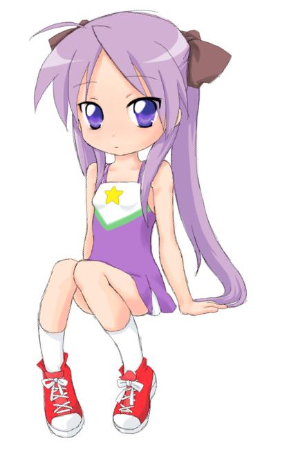 norere, hiiragi kagami, lucky star, tagme, 00s, bow, cheerleader, child, purple eyes, purple hair, shoes, sneakers, twintails