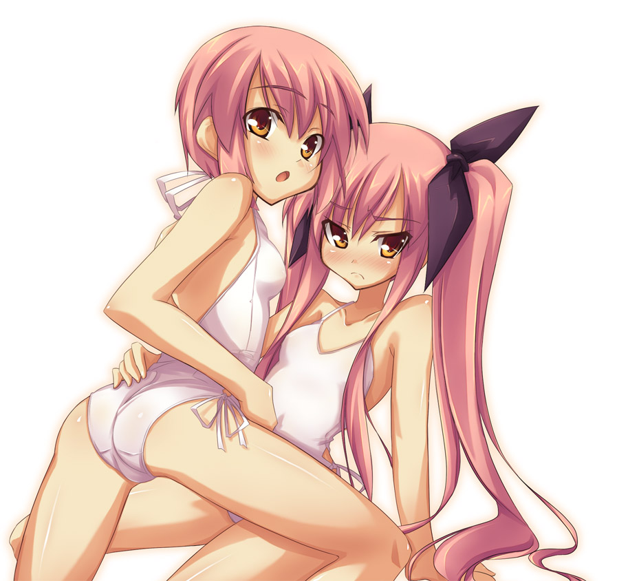 shimakaze (soundz of bell), kousaka alice, kousaka maria, suigetsu, 2girls, ass, blush, bow, breasts, incest, long hair, multiple girls, one-piece swimsuit, pink hair, short hair, siblings, sisters, small breasts, swimsuit, thighs, twins, twintails, yellow eyes, yuri