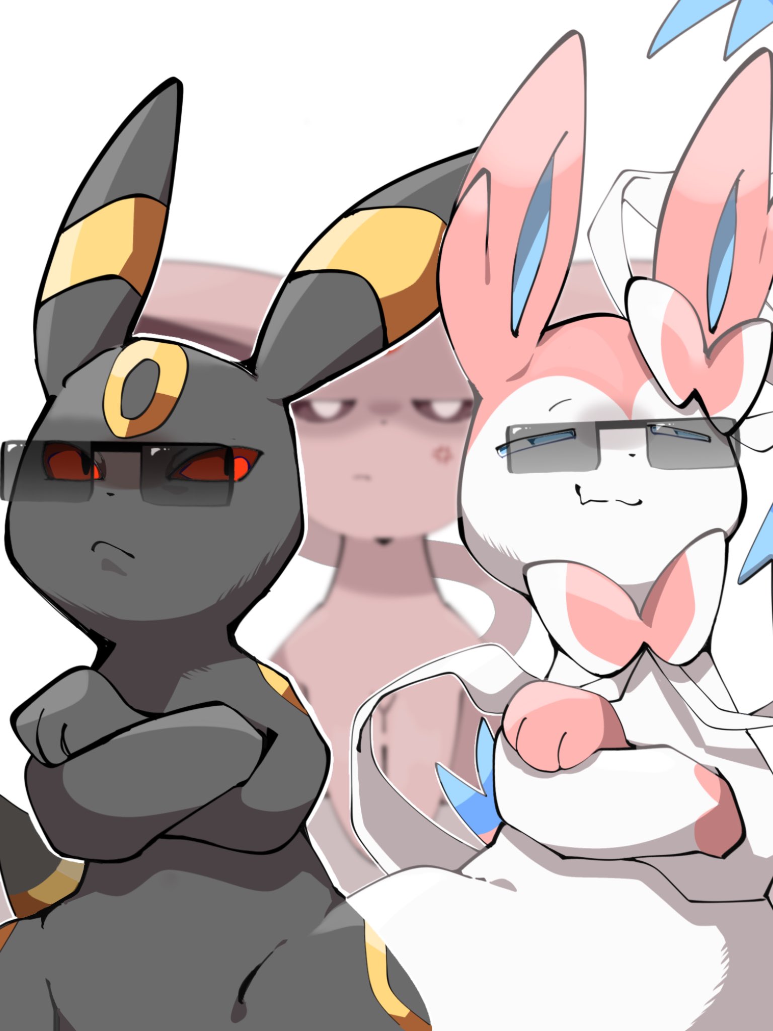 hp7car7nxrq5s7q, espeon, sylveon, umbreon, nintendo, pokemon, highres, animal focus, black fur, blue eyes, bow, closed mouth, colored sclera, crossed arms, gen 2 pokemon, gen 6 pokemon, glasses, looking at viewer, no humans, pokemon (creature), pokemon focus, purple fur, red eyes, red sclera, ribbon, smile, sunglasses