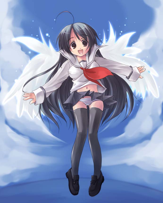 original, 1girl, angel wings, female focus, panties, school uniform, serafuku, solo, striped clothes, striped panties, thighhighs, underwear, wings, zettai ryouiki