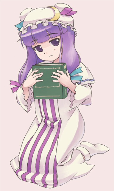 c-lop, patchouli knowledge, touhou, tagme, 1girl, dress, female focus, full body, hat, kneeling, simple background, solo