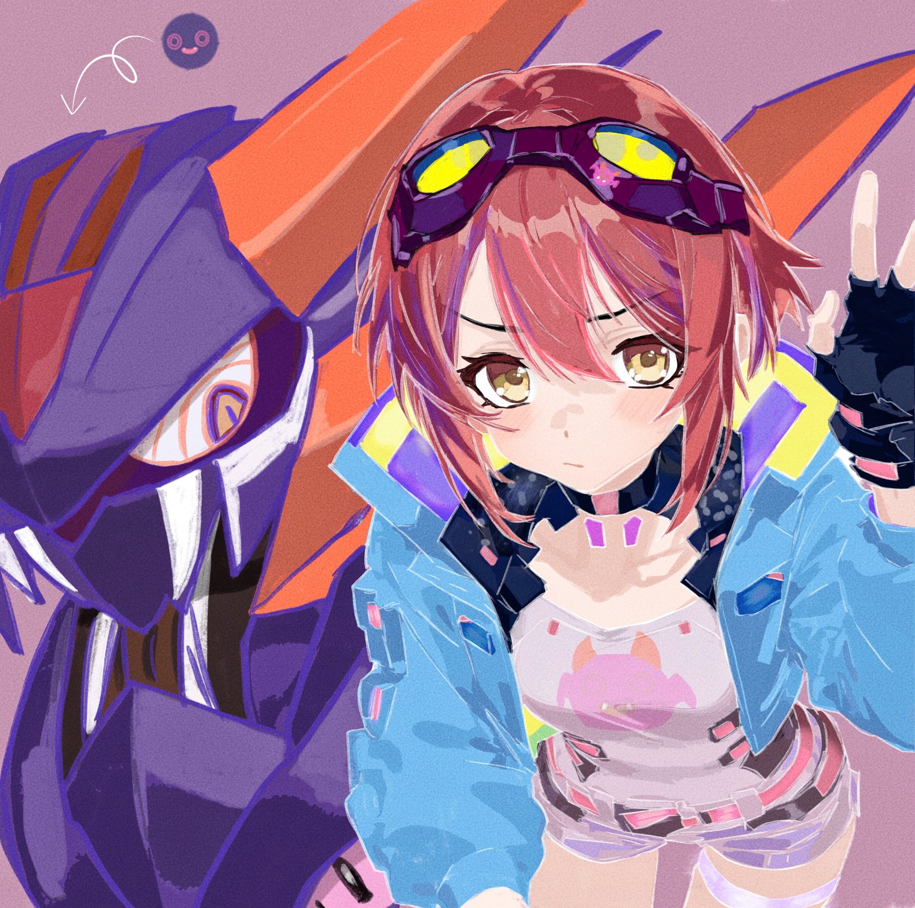 cobwvmeti, osaki tenka, idolmaster, idolmaster shiny colors, commentary, highres, symbol-only commentary, 1girl, alternate hair length, alternate hairstyle, blue jacket, blush, brown eyes, closed mouth, debi tarou, eyewear on head, fingerless gloves, gloves, goggles, hand up, jacket, long sleeves, mecha, open clothes, open jacket, red hair, robot, shirt, short hair, shorts, solo