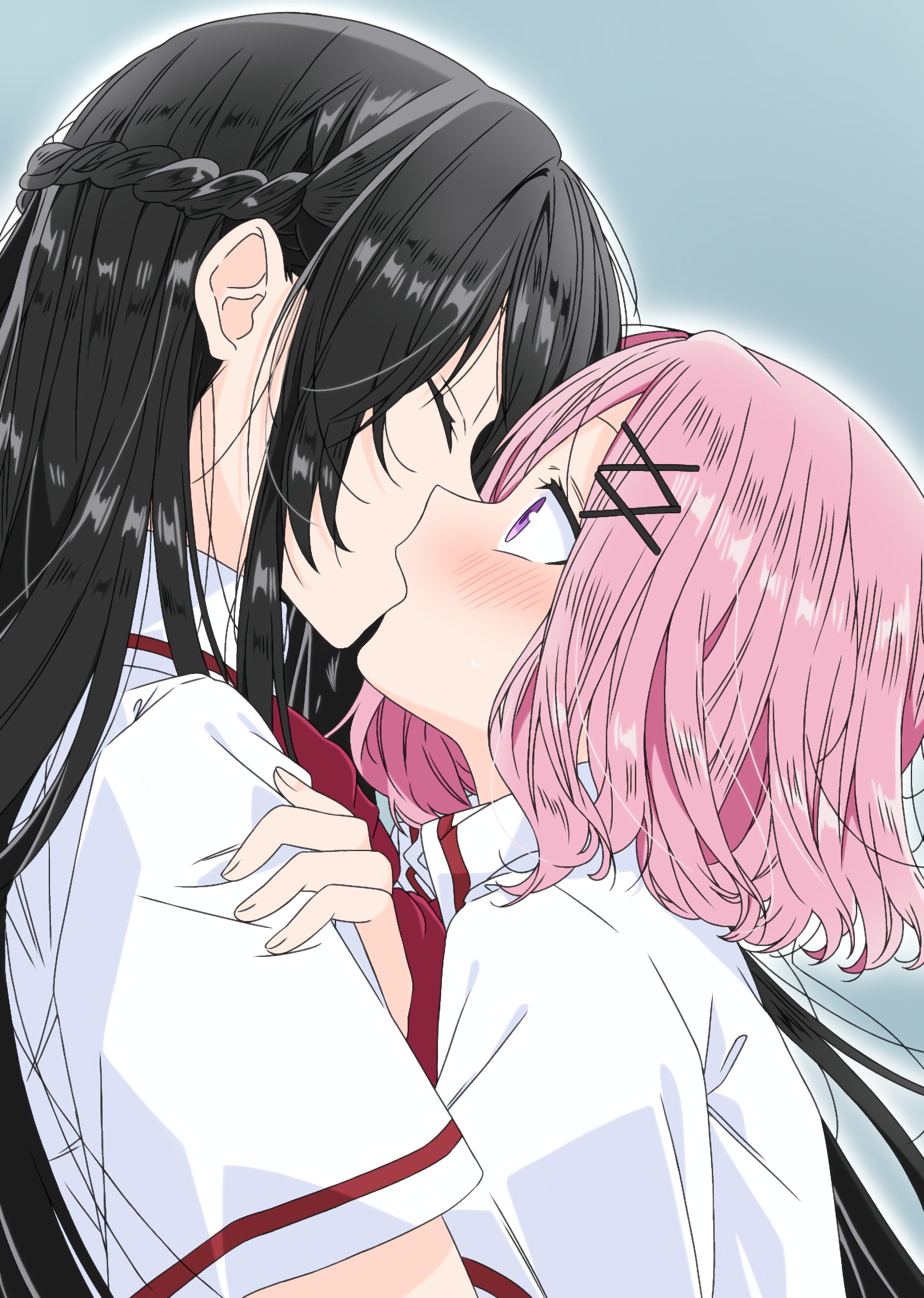 kikouma1098, amaori renako, koto satsuki, watashi ga koibito ni nareru wake naijan murimuri!, absurdres, highres, 2girls, ashigaya high school uniform, black hair, bow, bowtie, hair ornament, kiss, long hair, multiple girls, pink hair, red bow, school uniform, shirt, sidelocks, white shirt, x hair ornament, yuri