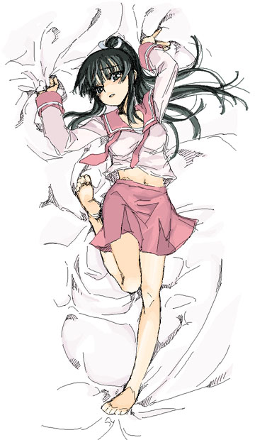 satou atsuki, shiranui akeno, seto no hanayome, 00s, 1girl, barefoot, feet, female focus, lying, school uniform, serafuku, soles, solo, toes