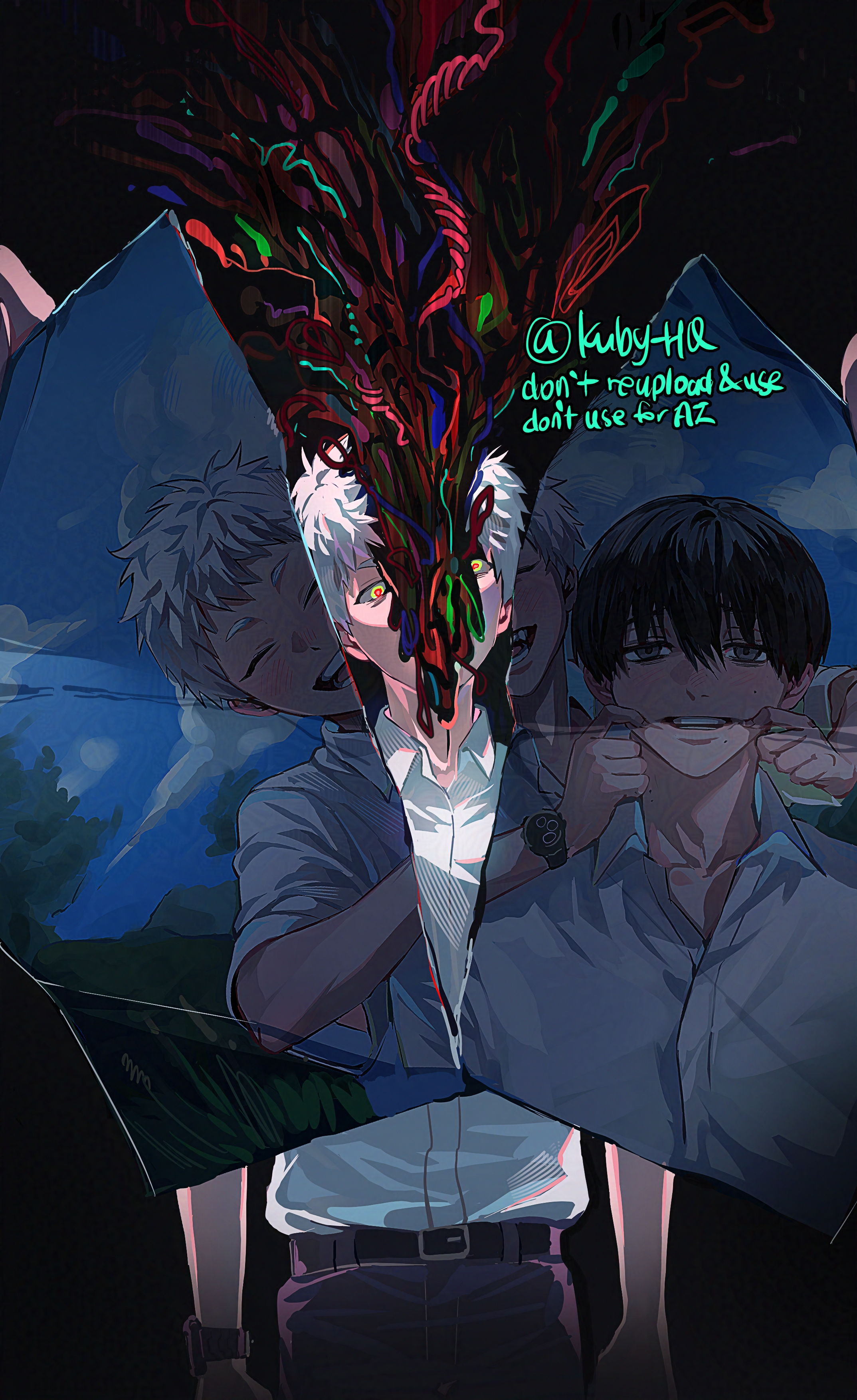 kuby hq, indou hikaru, tsujinaka yoshiki, hikaru ga shinda natsu, absurdres, hashtag-only commentary, highres, 2boys, belt, black belt, black hair, black pants, body horror, cheek pull, closed eyes, collared shirt, cowboy shot, male focus, mole, mole on cheek, mole on neck, mole under eye, mole under mouth, multiple boys, multiple moles, pants, photo (object), shirt, shirt tucked in, short hair, short sleeves, smile, standing, twitter username, watch, white hair, white shirt, wristwatch