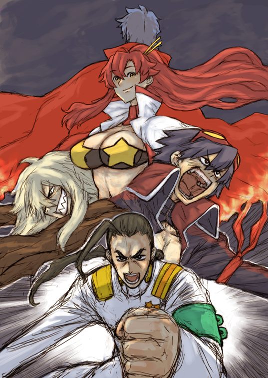 aizawa yoshihiko, kamina (ttgl), rossiu adai, simon (ttgl), space yoko, viral (ttgl), yoko littner, tengen toppa gurren lagann, 00s, 1girl, 4boys, ahoge, armlet, bandeau, breasts, brown eyes, brown hair, cleavage, clenched hand, floating hair, jewelry, large breasts, long hair, long sleeves, looking at viewer, military, military uniform, multiple boys, ponytail, profile, red hair, shaded face, sharp teeth, star (symbol), strapless, teeth, tube top, upper body, very long hair, wind