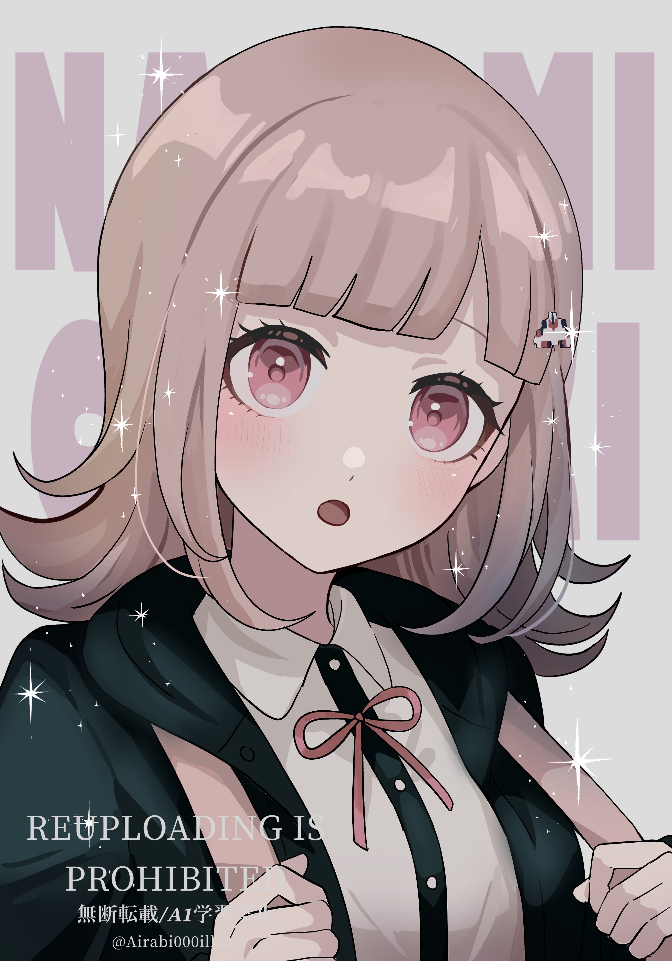 airabi, nanami chiaki, danganronpa (series), danganronpa 2: goodbye despair, galaga, absurdres, highres, 1girl, :o, black jacket, black shirt, blunt bangs, blush, brown hair, character name, english text, hair ornament, hands up, hood, hood down, jacket, medium hair, neck ribbon, open clothes, open jacket, pink eyes, pink ribbon, ribbon, shirt, solo, two-tone shirt, white shirt