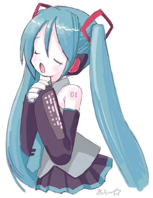 kiira, hatsune miku, vocaloid, 1girl, aqua hair, aqua necktie, blouse, collared shirt, detached sleeves, female focus, grey shirt, headset, long hair, music, necktie, own hands clasped, own hands together, raised eyebrows, shirt, simple background, singing, sleeveless, sleeveless shirt, solo, tattoo, twintails, very long hair, white background