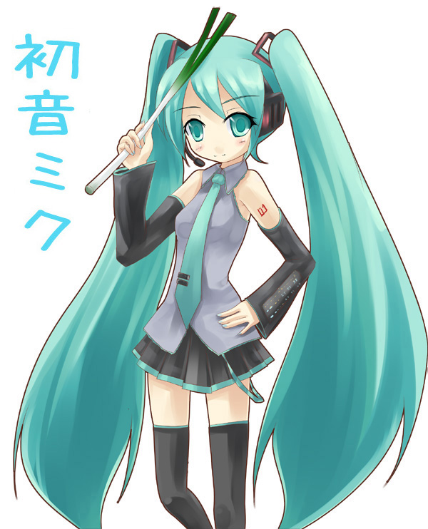 kuro (be ok), hatsune miku, vocaloid, 1girl, aqua hair, aqua necktie, blouse, collared shirt, detached sleeves, eyelashes, female focus, food, grey shirt, hand on own hip, headset, long hair, necktie, shirt, sleeveless, sleeveless shirt, solo, spring onion, standing, tattoo, thighhighs, twintails, vegetable, very long hair, zettai ryouiki