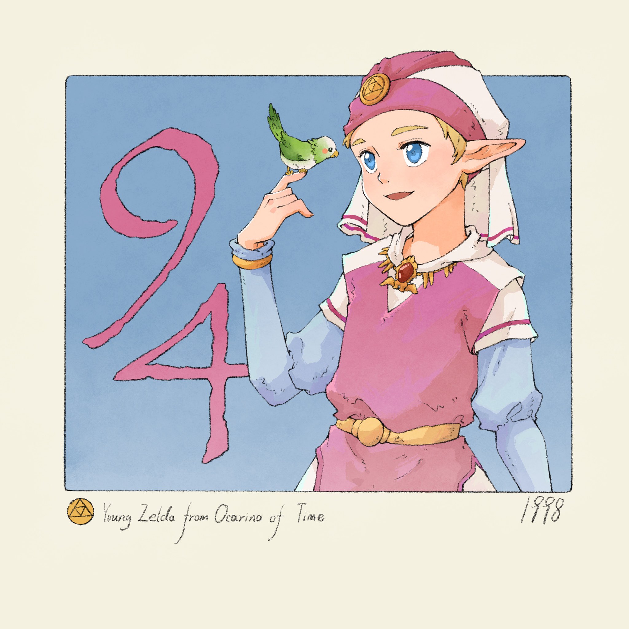 yangyaozigo, princess zelda, nintendo, the legend of zelda, the legend of zelda: ocarina of time, commentary, english commentary, highres, 1girl, bird, blonde hair, blue background, blue eyes, border, character name, copyright name, dress, jewelry, open mouth, outside border, pointy ears, signature, solo, triforce, veil