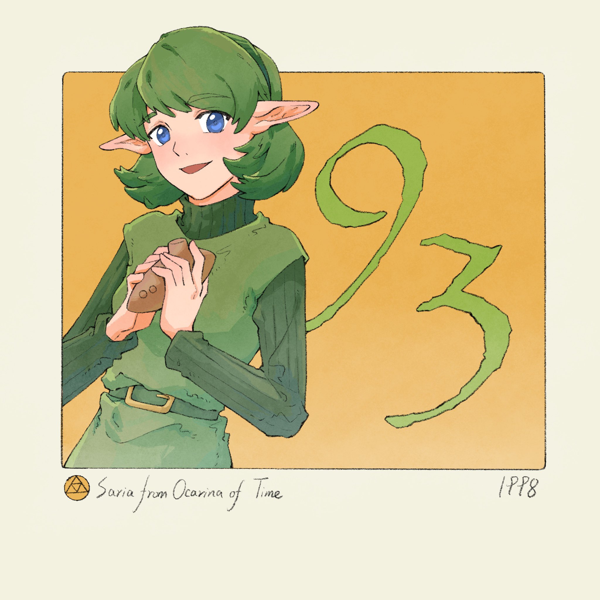 yangyaozigo, saria (zelda), nintendo, the legend of zelda, the legend of zelda: ocarina of time, commentary, english commentary, highres, 1girl, belt, blue eyes, character name, copyright name, green hair, green tunic, holding ocarina, looking at viewer, orange background, pointy ears, short hair, signature, solo, tunic