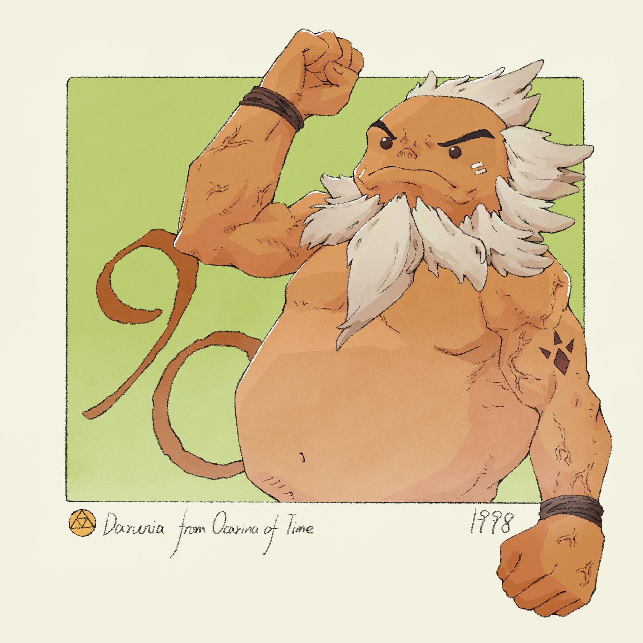 yangyaozigo, darunia, nintendo, the legend of zelda, the legend of zelda: ocarina of time, commentary, english commentary, highres, 1boy, arm up, beard, border, clenched hands, facial hair, goron, green background, male focus, outside border, signature, solo, white hair