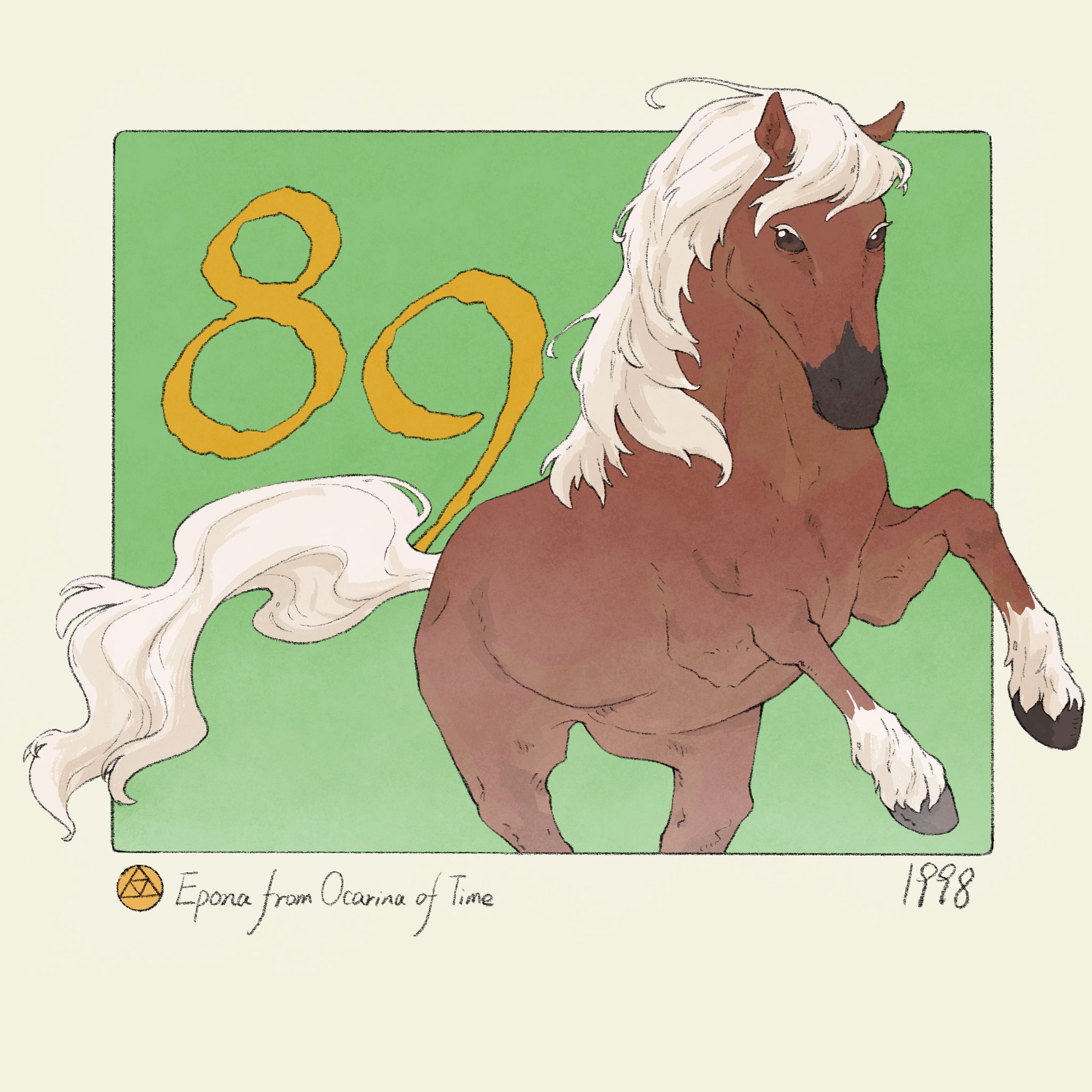 yangyaozigo, epona, nintendo, the legend of zelda, the legend of zelda: ocarina of time, commentary, english commentary, highres, animal, border, character name, green background, horse, instrument, no humans, ocarina, outside border, signature
