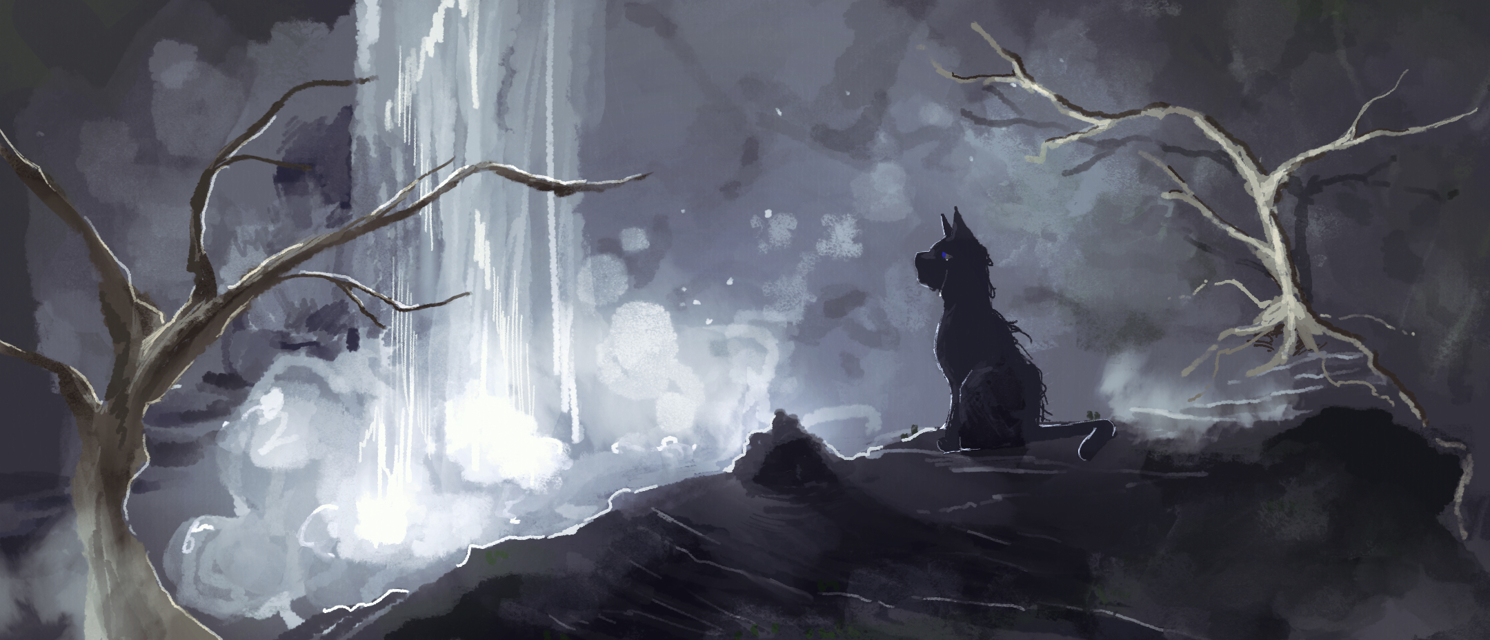 lantadorite, warrior cats, commentary, highres, animal, animal focus, black cat, blue eyes, cat, crowfeather, nature, no humans, outdoors, painterly, rock, scenery, sitting, solo, tree, water, waterfall