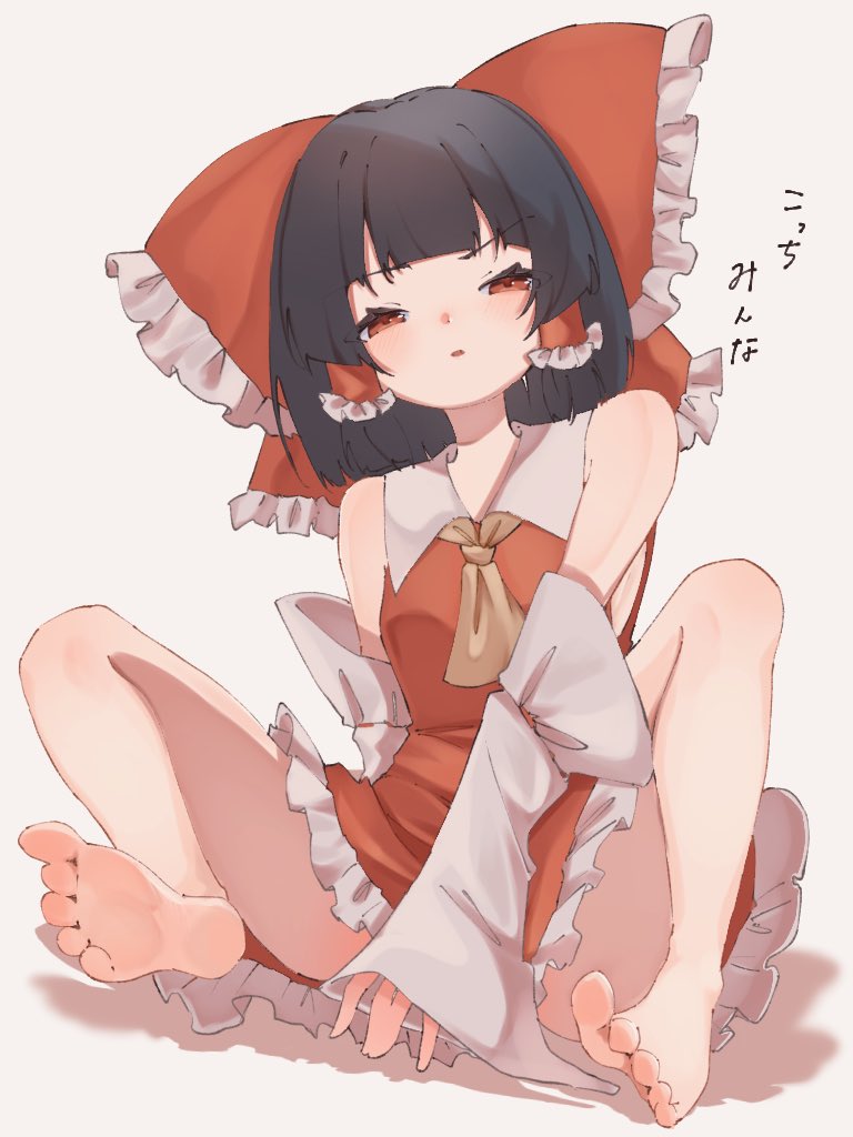 nanashi 1104, hakurei reimu, touhou, 1girl, :o, ascot, bare shoulders, barefoot, between legs, black hair, blunt bangs, bow, breasts, detached sleeves, expressionless, frills, full body, hair tubes, hand between legs, legs, looking at viewer, medium hair, open mouth, red bow, red eyes, red shirt, shirt, sitting, sleeveless, sleeveless shirt, small breasts, solo, thighs, white background, yellow ascot
