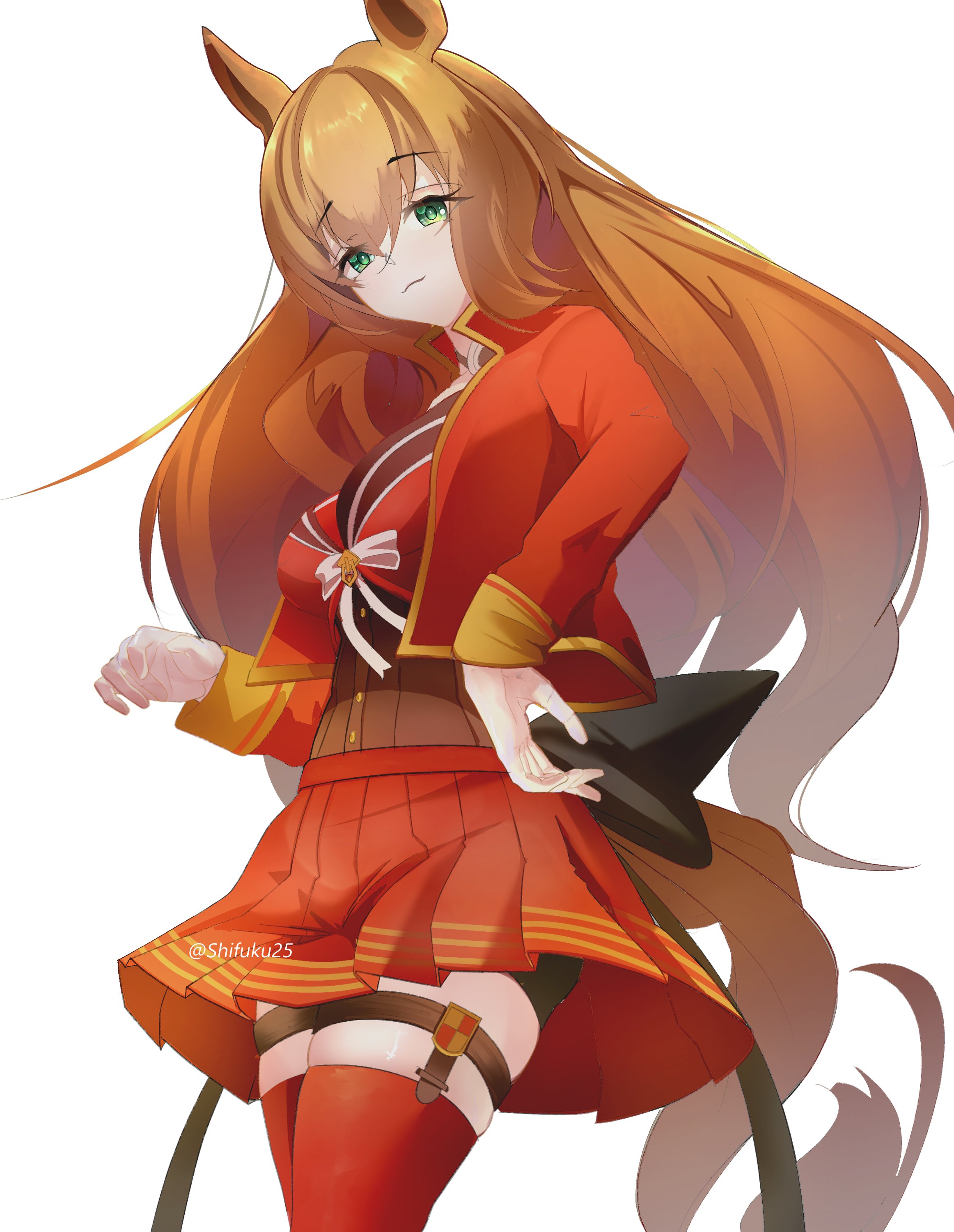 maruzensky (umamusume), umamusume, absurdres, highres, 1girl, animal ears, black shorts, bow, breasts, brown hair, closed mouth, green eyes, hair between eyes, horse ears, horse girl, horse tail, jacket, large breasts, long hair, open clothes, open jacket, pleated skirt, red jacket, red serafuku, red shirt, red skirt, red thighhighs, school uniform, serafuku, shifuku25, shirt, shorts, shorts under skirt, simple background, skirt, skort, solo, tail, thigh strap, thighhighs, white background, white bow