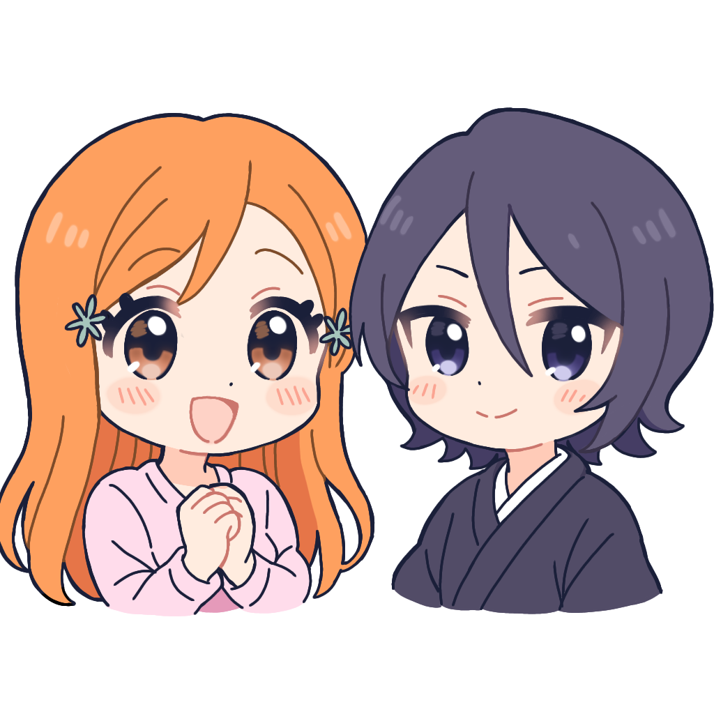 b eaka, inoue orihime, kuchiki rukia, bleach, commentary, 2girls, :d, black hair, black kimono, blush stickers, brown eyes, chibi, chibi only, clenched hands, closed mouth, cropped torso, double-parted bangs, hair between eyes, hair ornament, hairpin, happy, japanese clothes, kimono, long hair, long sleeves, looking at viewer, multiple girls, open mouth, orange hair, own hands together, parted bangs, pink shirt, purple eyes, shirt, short hair, smile, split mouth, tareme, tsurime, upper body