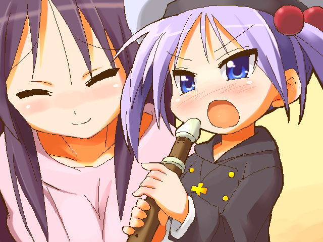 hiiragi kagami, hiiragi miki, lucky star, 00s, age difference, aged down, blue eyes, blush, child, closed eyes, flute, hat, holding flute, holding instrument, instrument, mother and daughter, oekaki, purple hair, recorder, tsurime