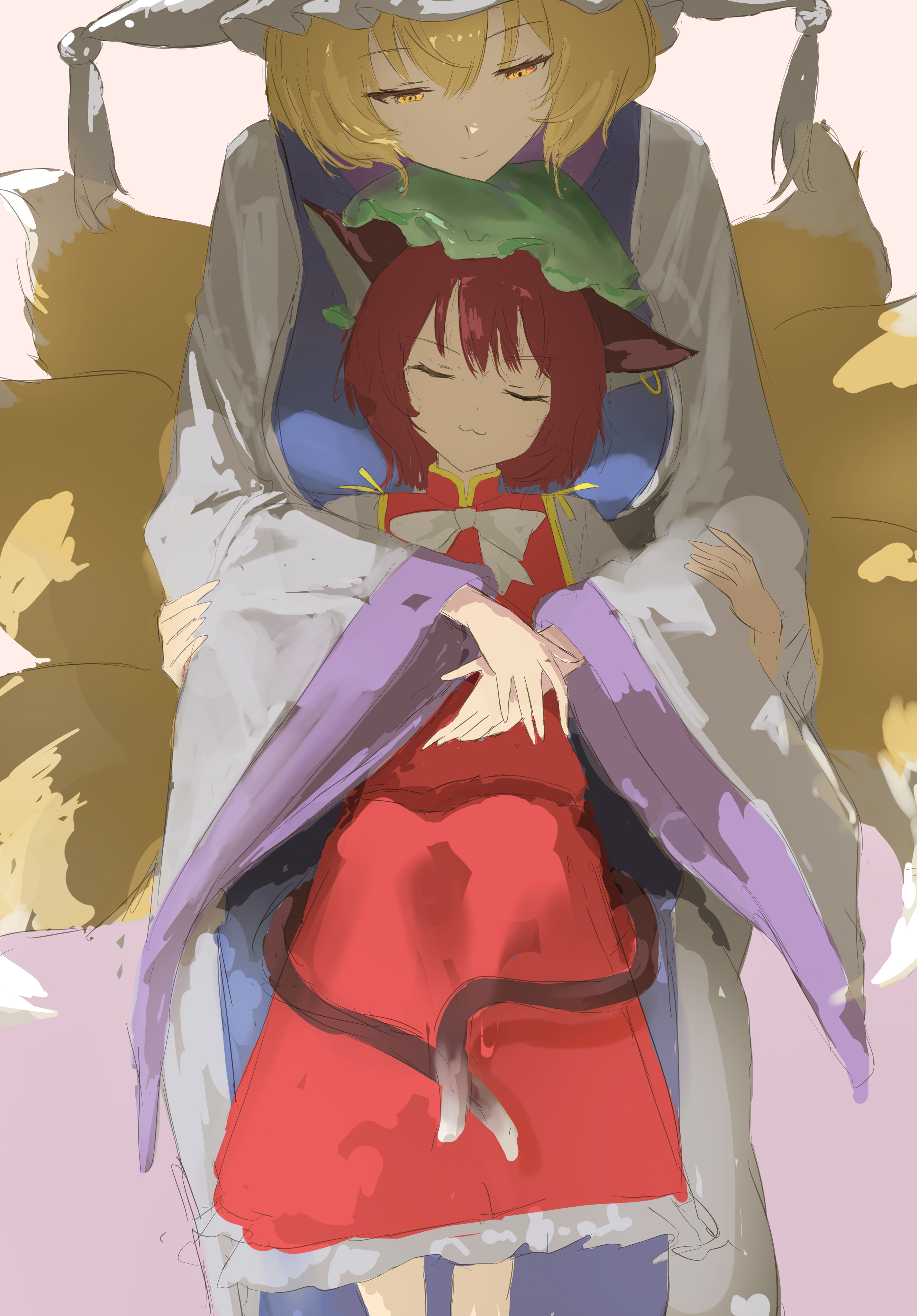 umbrella3650, chen, yakumo ran, touhou, absurdres, highres, 2girls, :3, animal ears, blonde hair, blue tabard, brown hair, cat ears, cat girl, cat tail, closed mouth, dress, fox girl, fox tail, hands on another's arms, hat, hug, hug from behind, kitsune, kyuubi, long sleeves, looking at another, medium hair, motherly, multiple girls, multiple tails, red skirt, red vest, shirt, skirt, smile, tabard, tail, two tails, vest, white dress, white shirt, yellow eyes