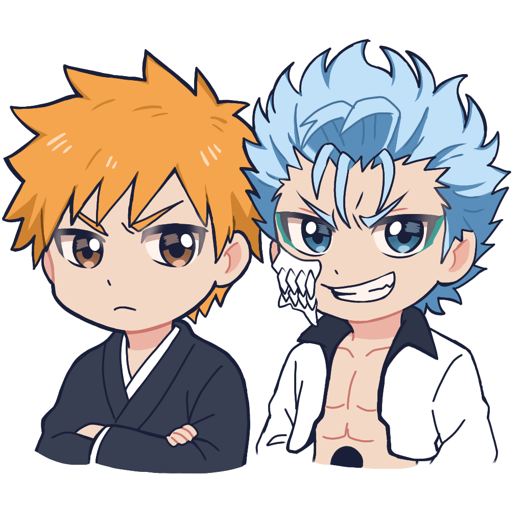 b eaka, grimmjow jaegerjaquez, kurosaki ichigo, bleach, commentary, >:(, 2boys, :d, black kimono, blue eyes, blue hair, brown eyes, chibi, chibi only, closed mouth, cropped torso, crossed arms, fang, frown, grin, hole in stomach, jacket, japanese clothes, kimono, long sleeves, looking at viewer, male focus, multiple boys, open clothes, open jacket, open mouth, orange hair, short hair, simple background, smile, spiked hair, tsurime, upper body, v-shaped eyebrows, white background, white jacket