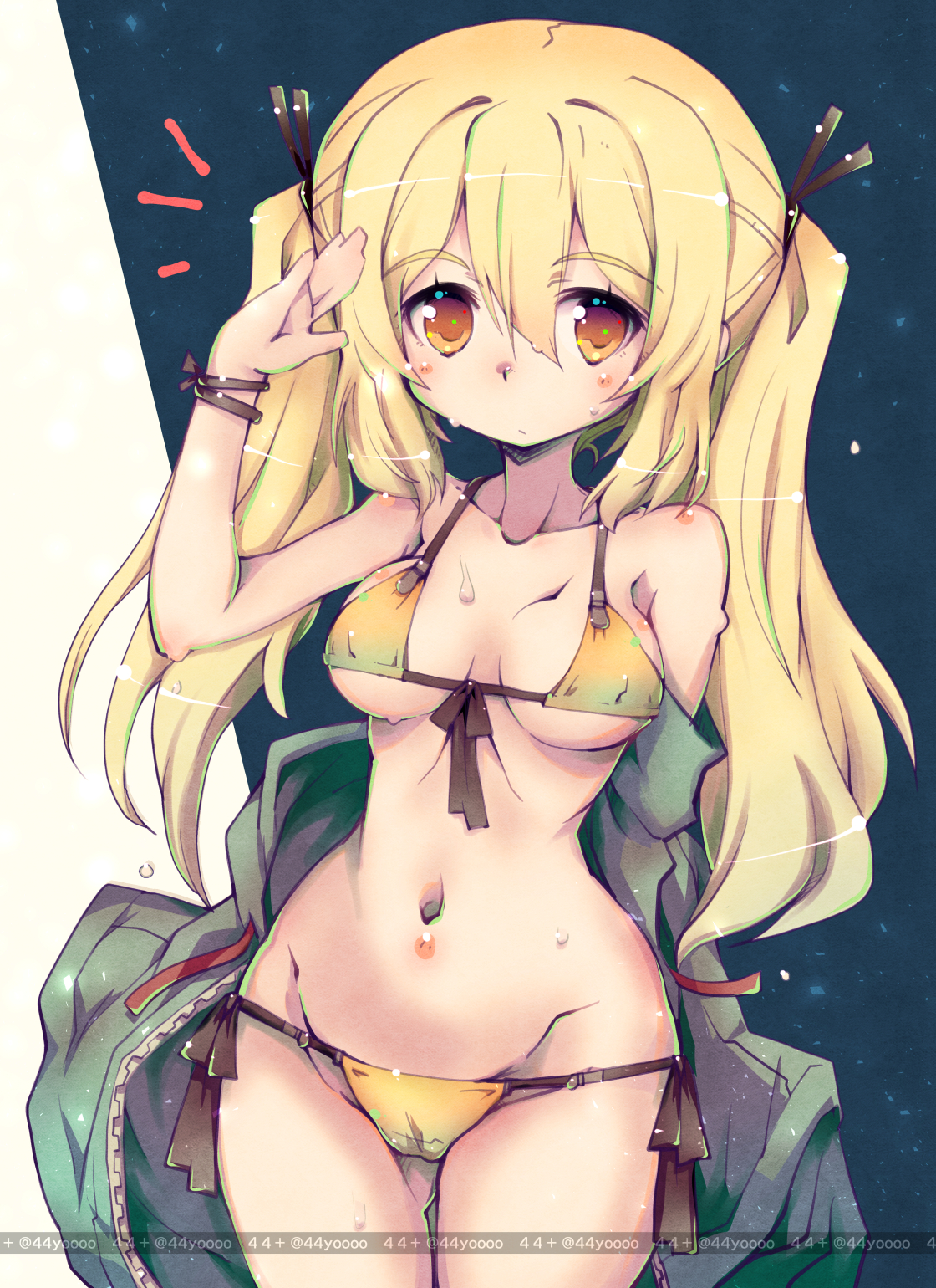 yoshi (crossmind), original, highres, 1girl, ass, bikini, blonde hair, blush, breasts, closed mouth, large breasts, long hair, looking at viewer, orange eyes, simple background, solo, standing, swimsuit, twintails, yellow bikini